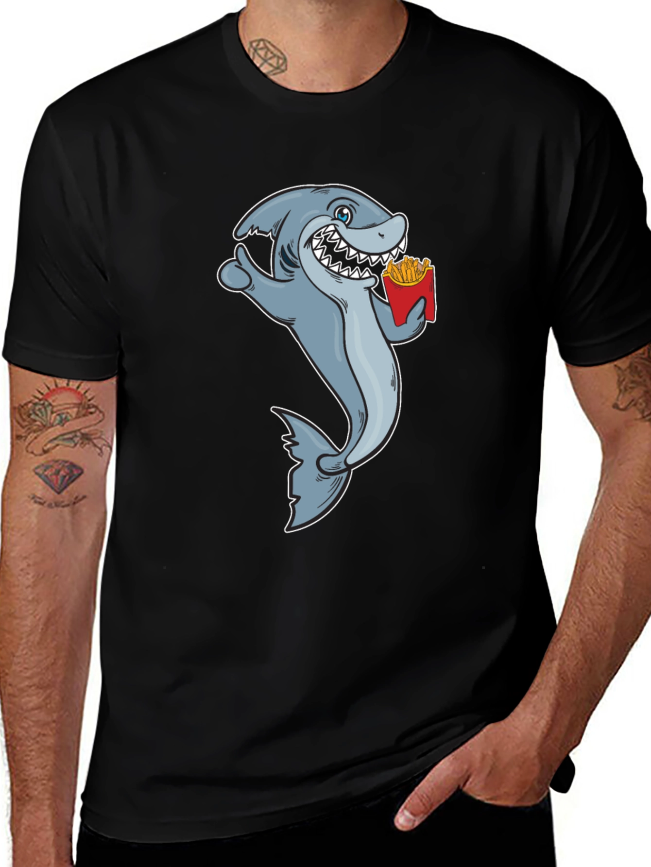 Black Shark Eating Fries Graphic Tee - Black Cotton T-Shirt main image