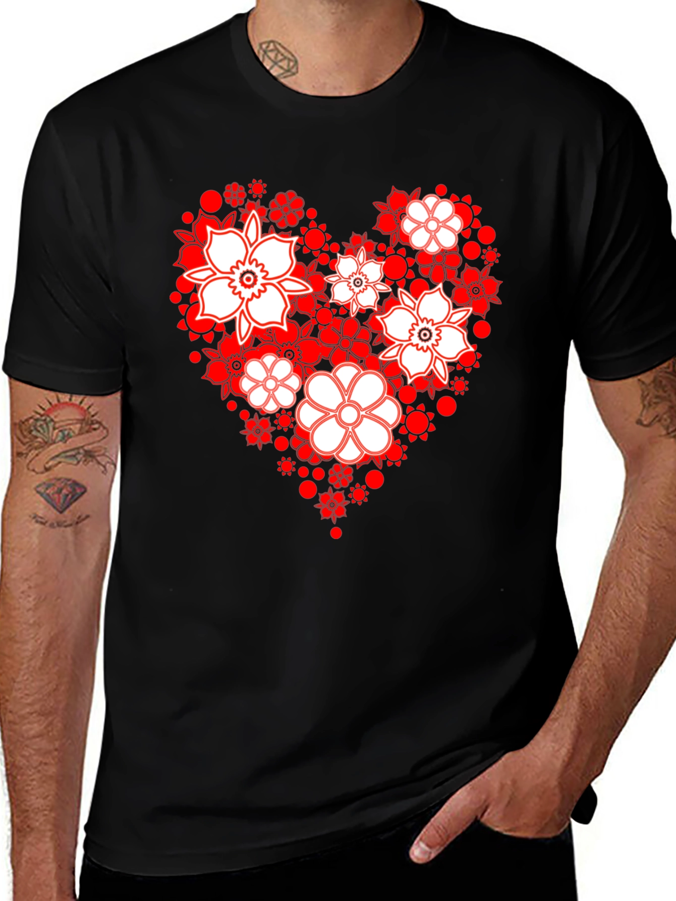 Variant 18 of Floral Heart Graphic Black T-Shirt