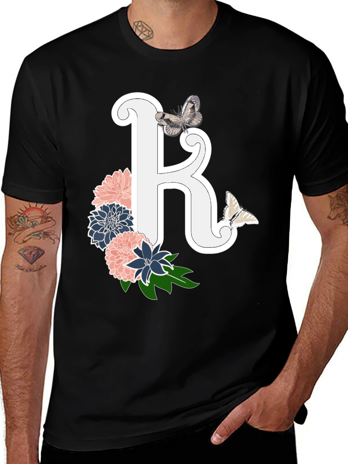 Variant 18 of Floral "R" Initial Tee - Butterfly Accent