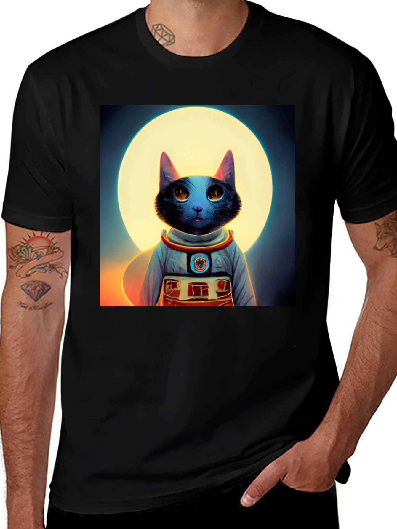 Variant 30 of Astronaut Cat Graphic Tee - Black Cotton Blend Shirt