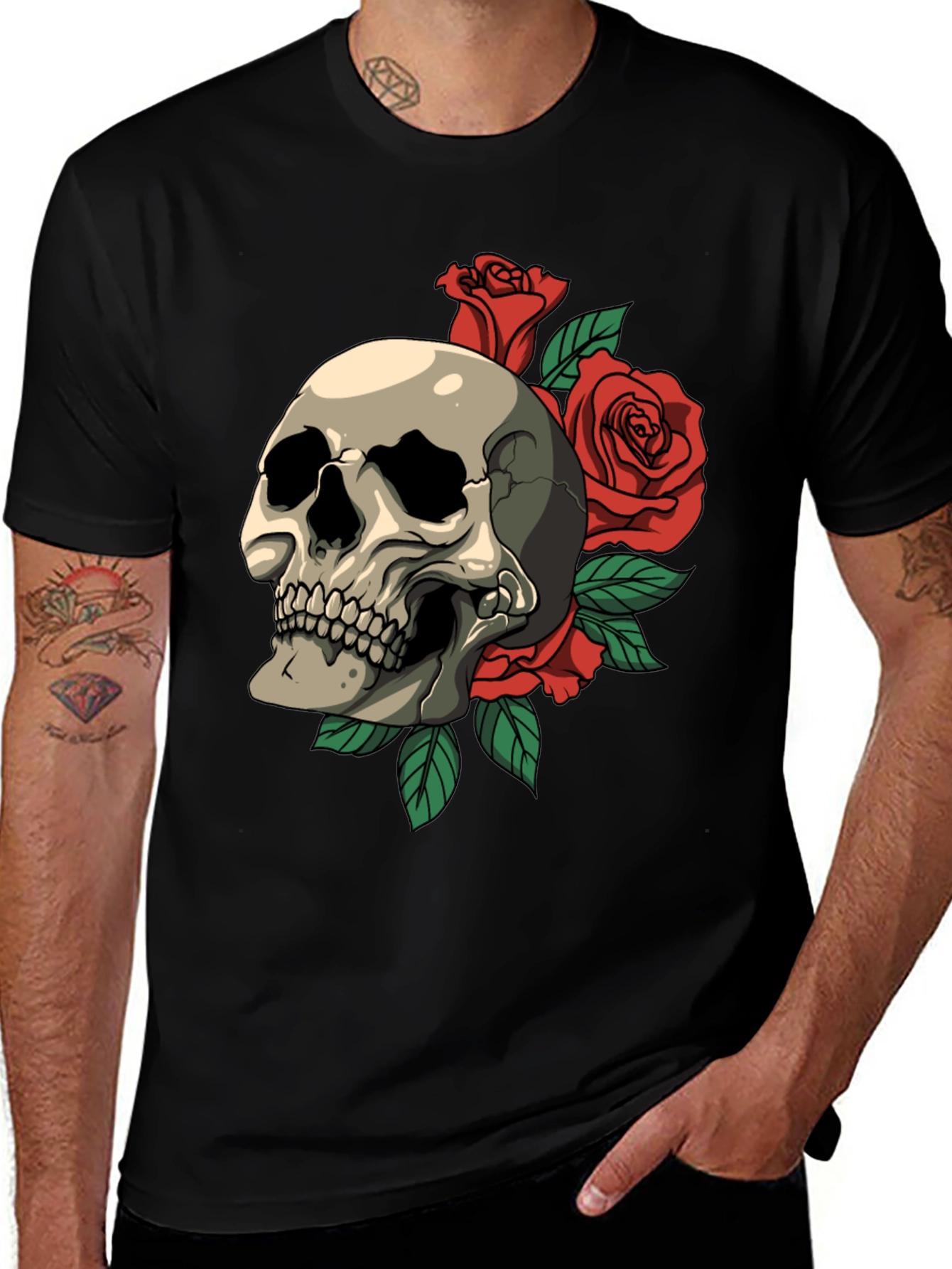 Variant 29 of Skull and Roses Graphic Tee - Men's Black T-Shirt