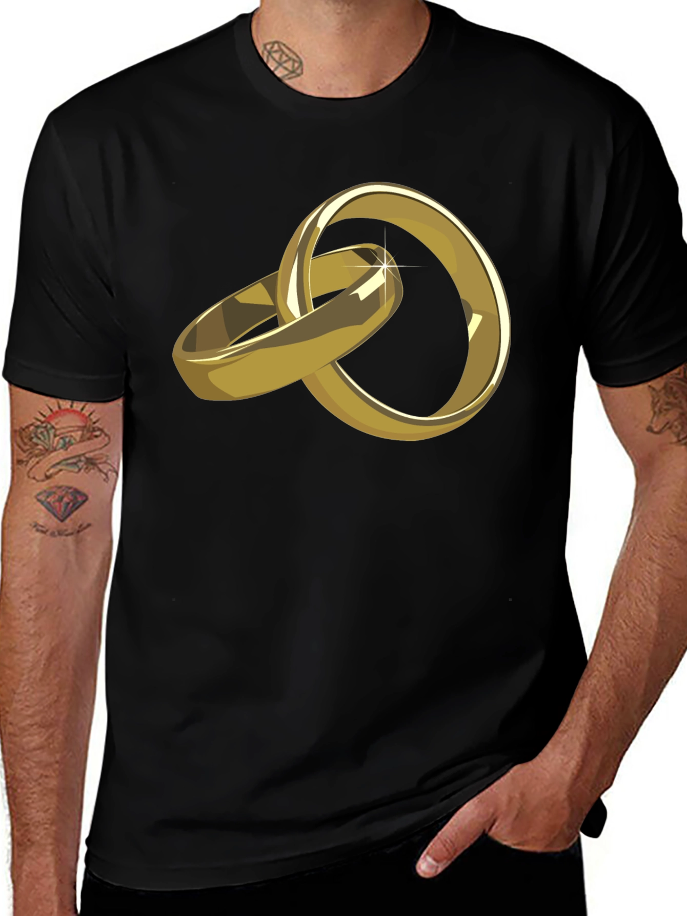Variant 13 of Gold Wedding Rings Graphic Tee - Stylish Black T-Shirt
