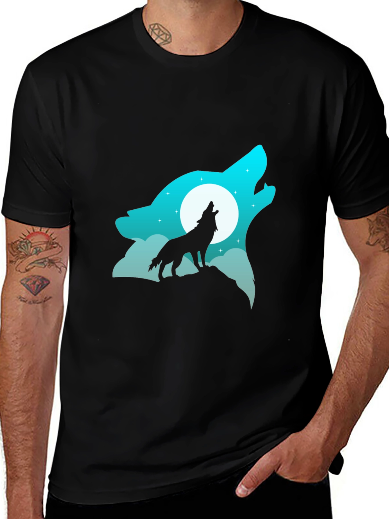 Variant 18 of Wolf Howling at Moon Graphic Tee - Black Cotton