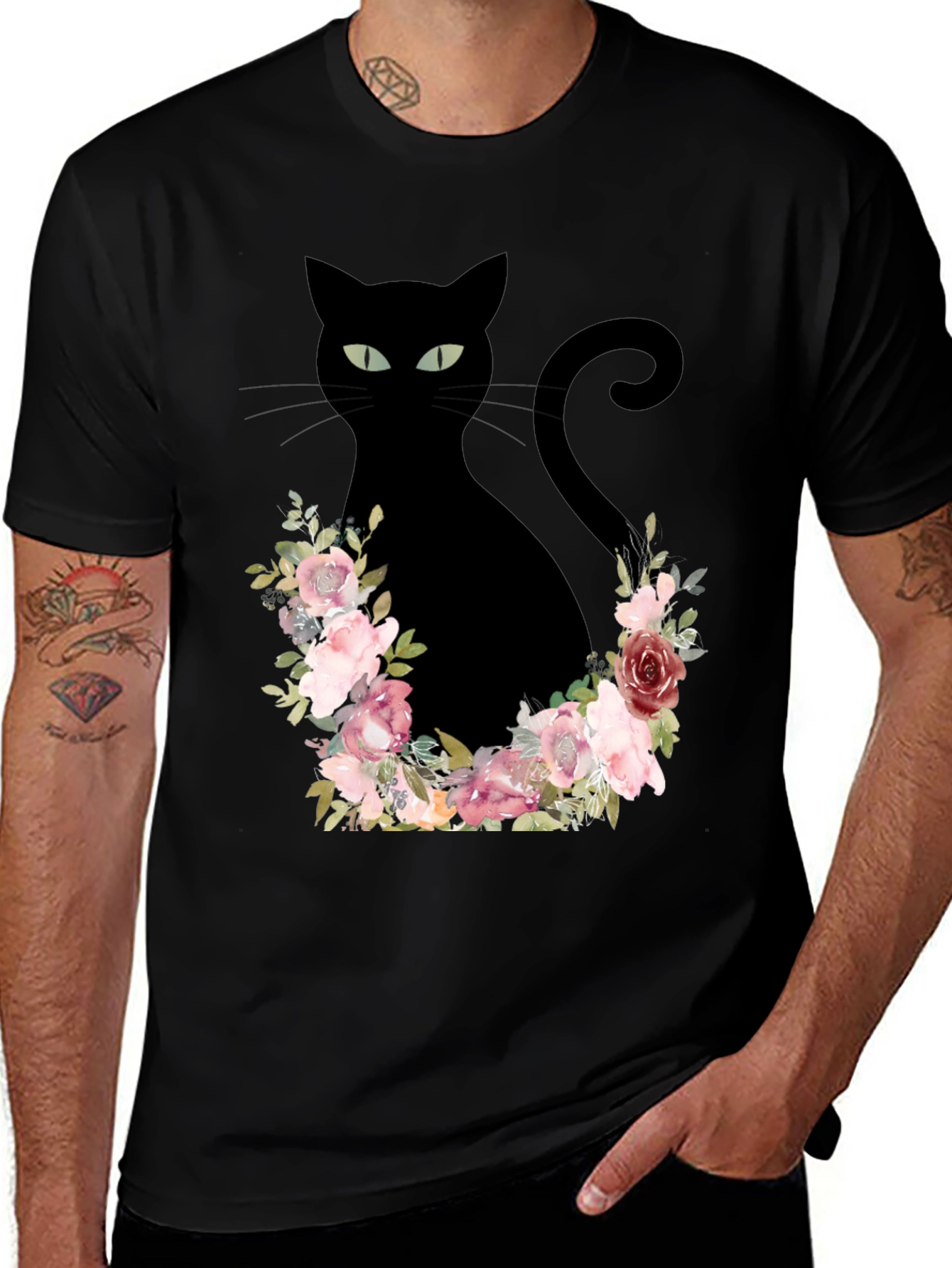 Variant 6 of Floral Cat Graphic Tee - Black T-Shirt