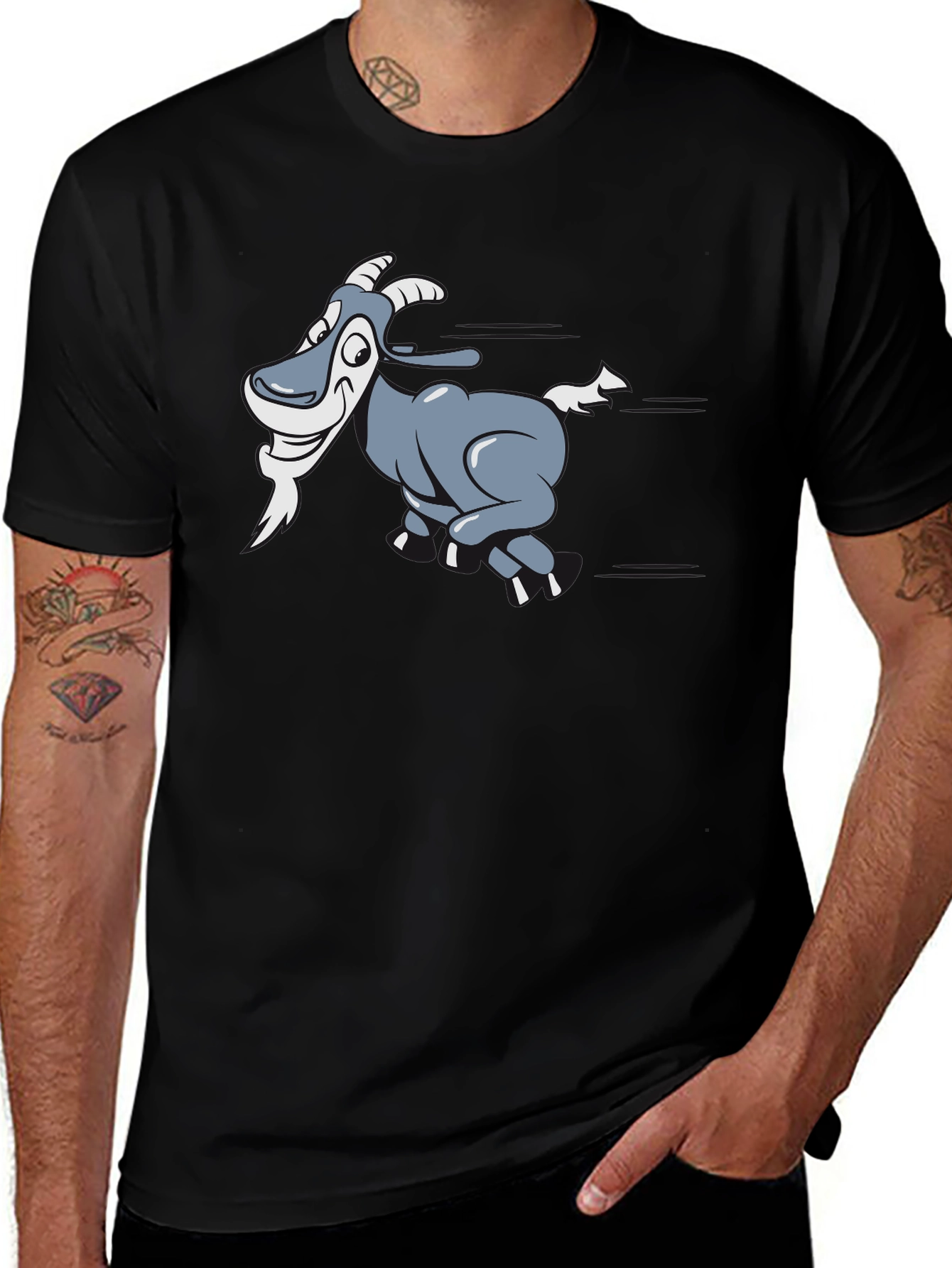 Cartoon Goat Graphic T-Shirt - Black Cotton Tee