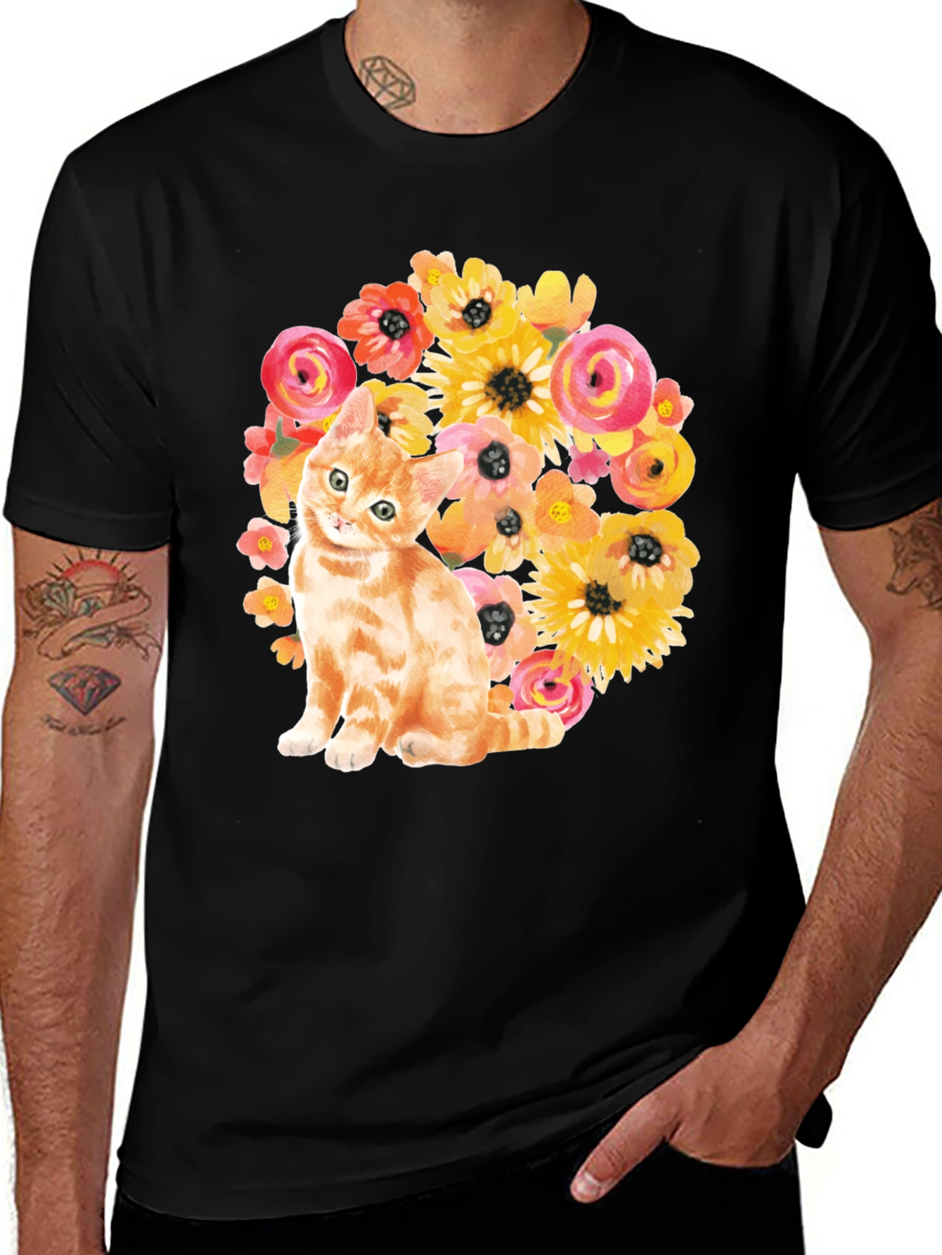 Variant 5 of Floral Cat T-Shirt - Black Cotton Tee