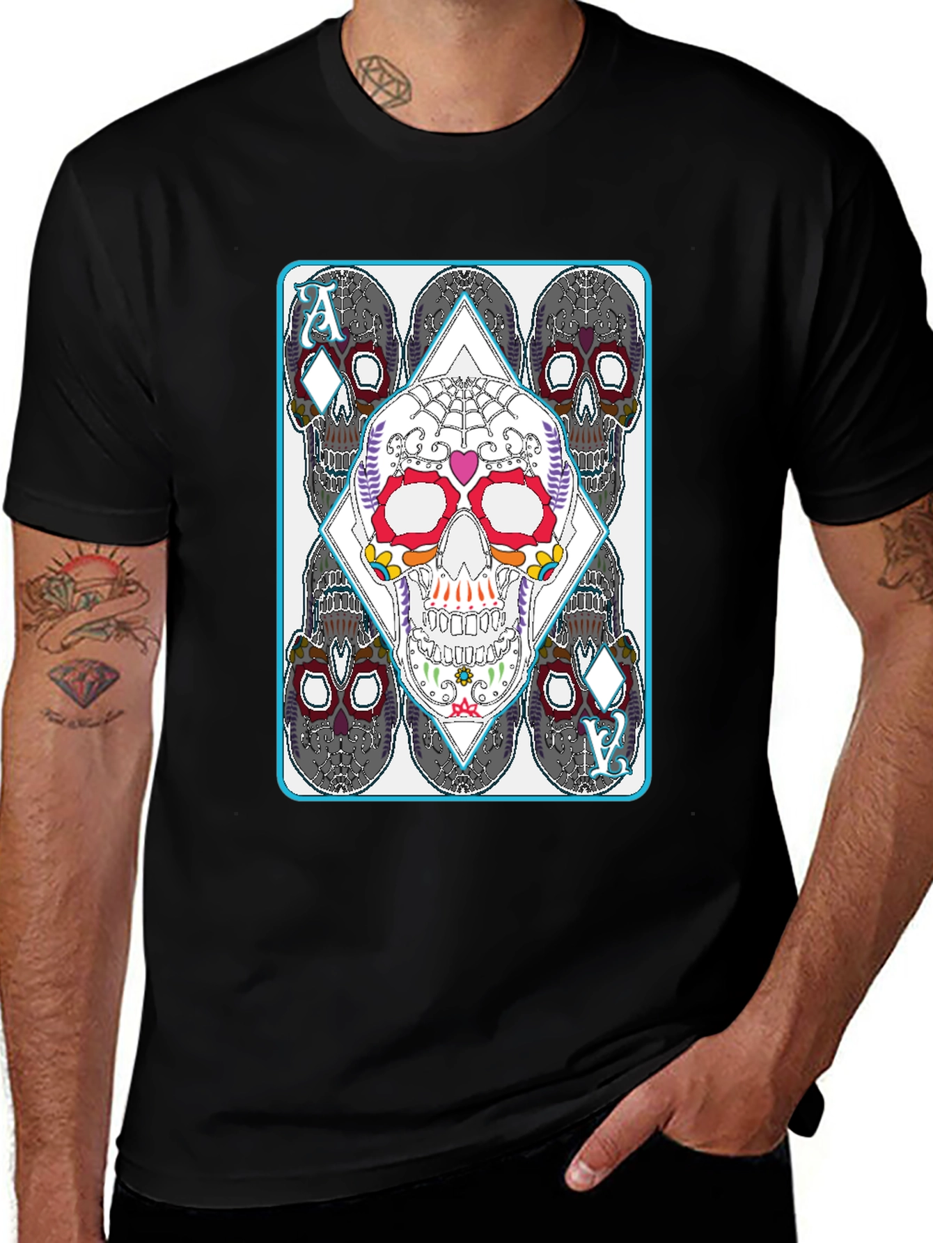 Black Sugar Skull Ace of Diamonds Graphic T-Shirt main image