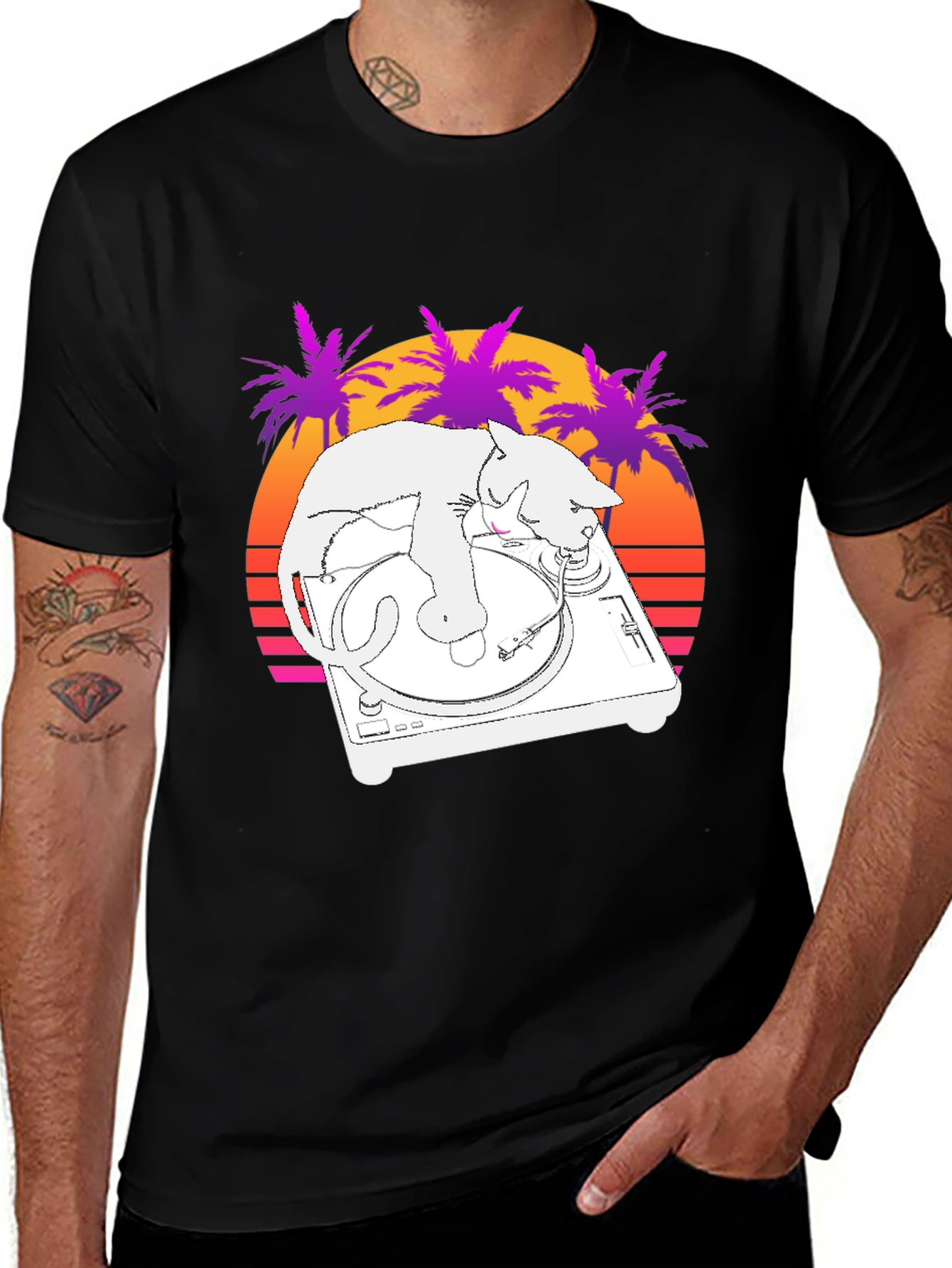 Variant 20 of DJ Cat T-Shirt - Retro Sunset Style