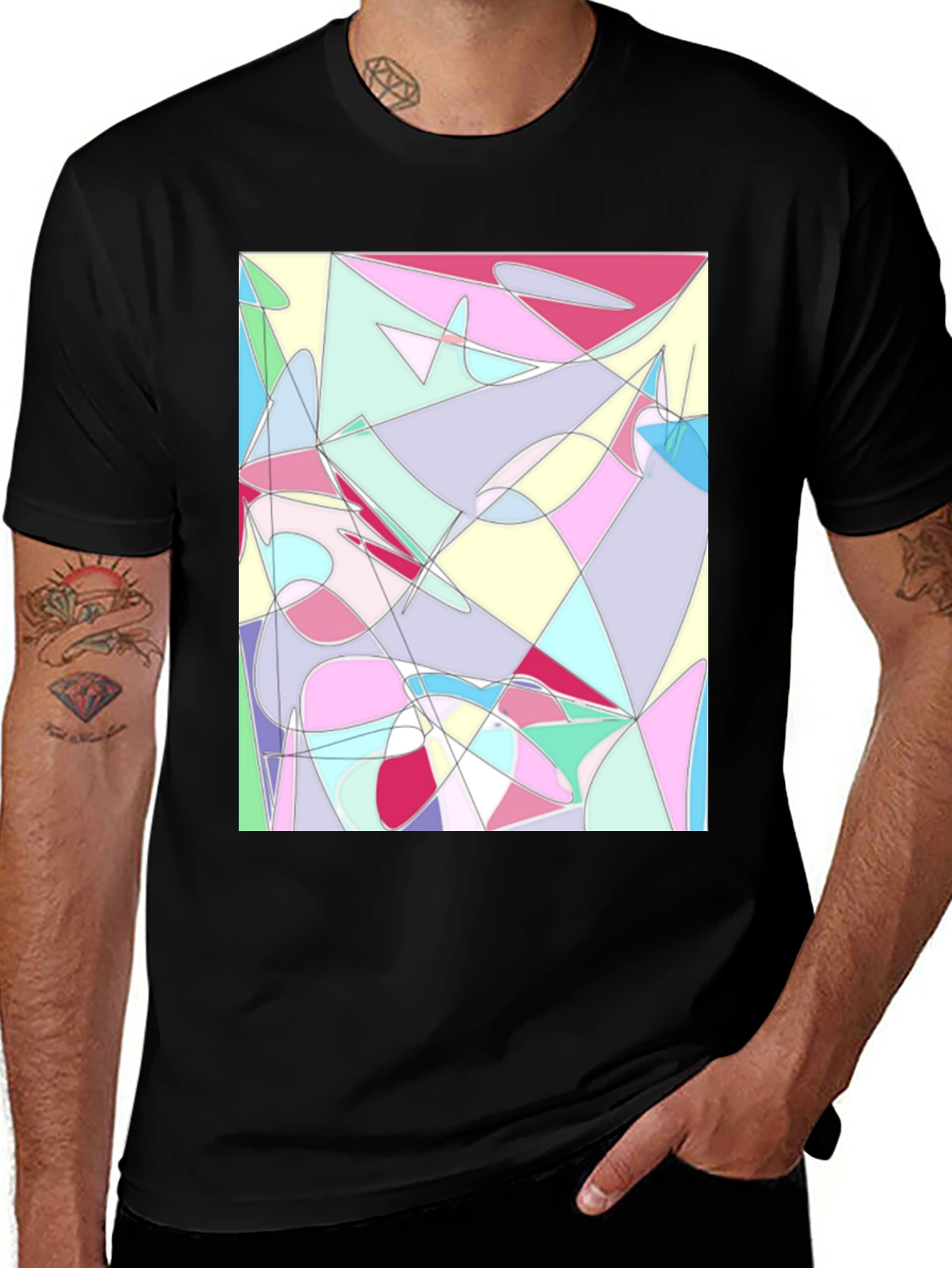 Black Abstract Geometric Print Black T-Shirt main image