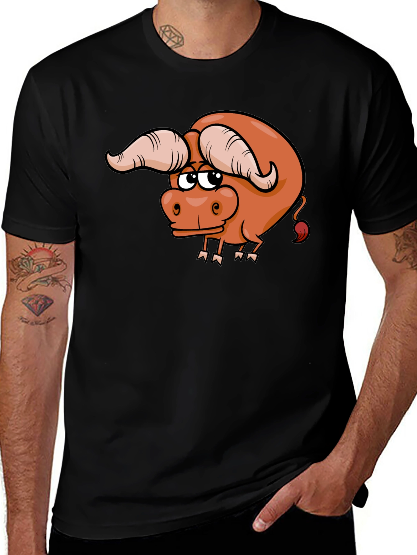 Variant 22 of Funny Cartoon Bull Graphic Tee - Black Cotton T-Shirt