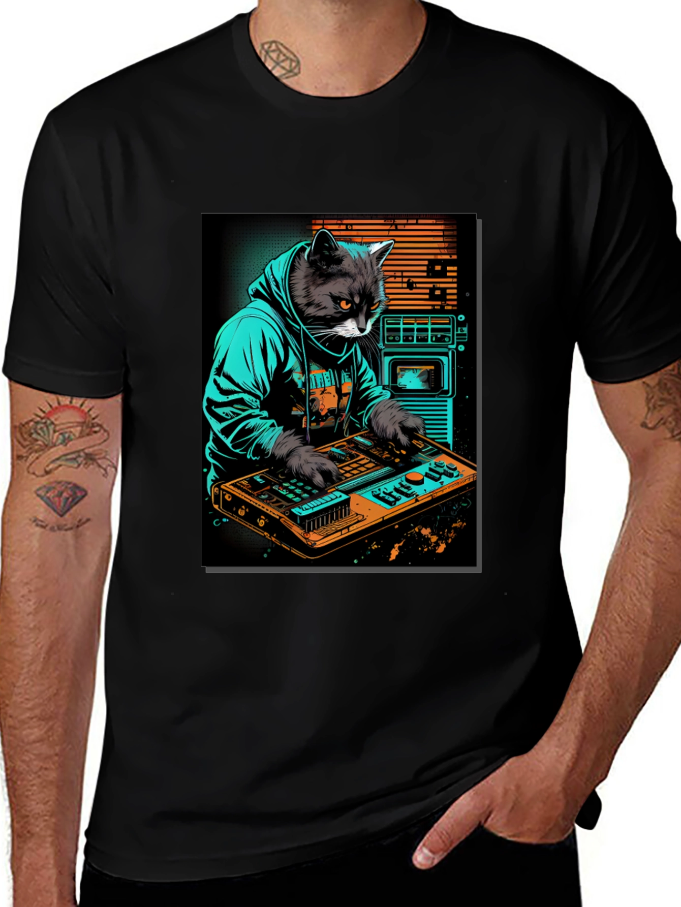 Black Cat DJ Graphic Tee - Cool Black T-Shirt main image