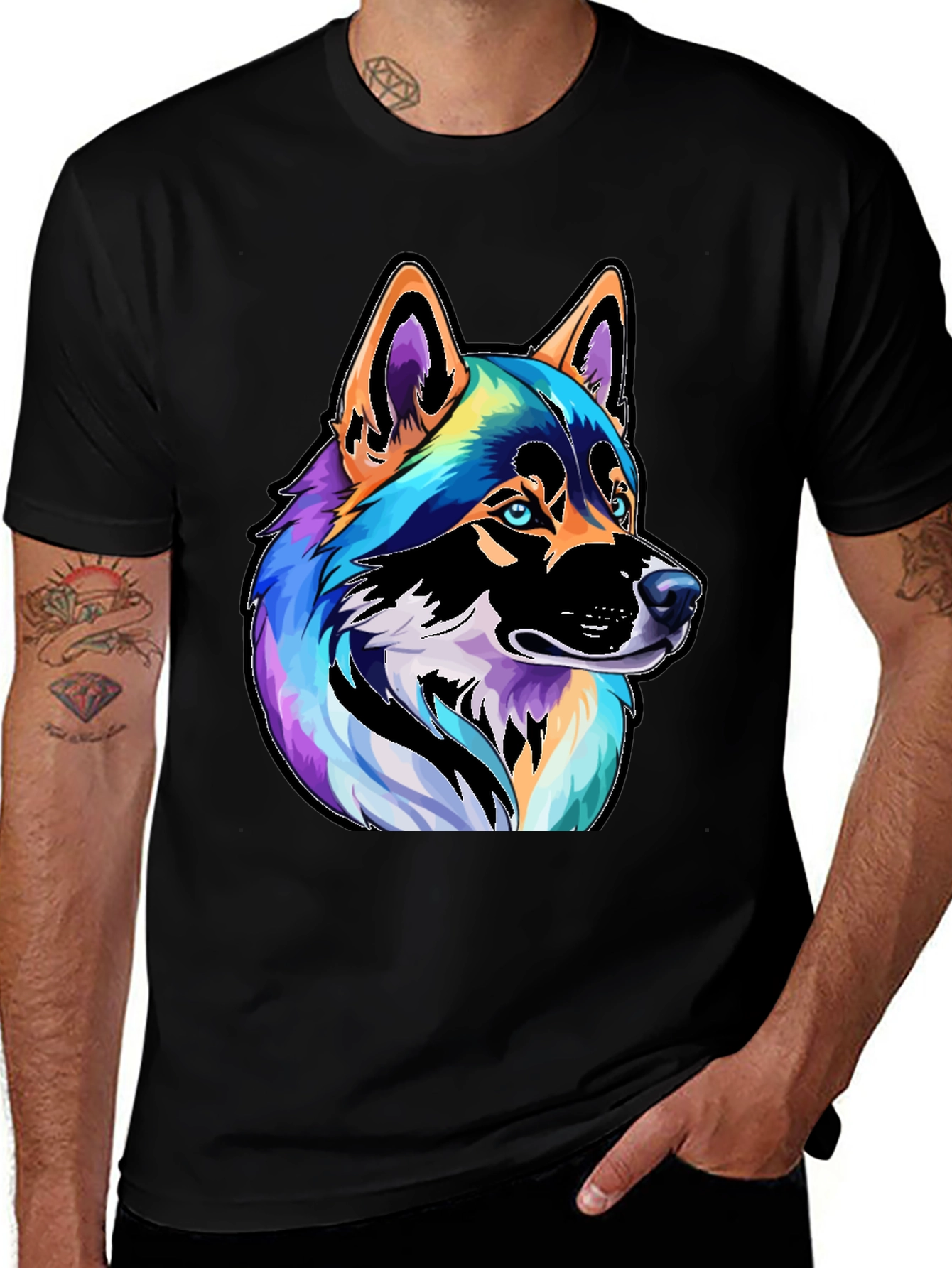 Variant 26 of Colorful Husky Dog Graphic Tee - Black