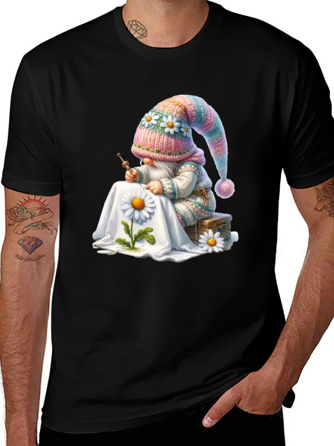 Variant 22 of Whimsical Gnome Embroidering Daisy T-Shirt