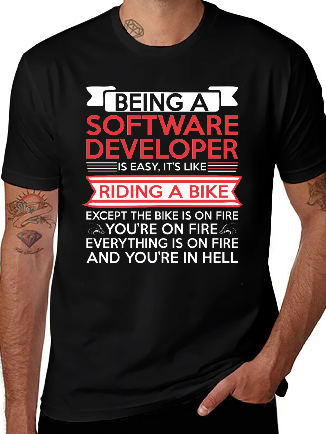 Variant 10 of Software Developer Funny T-Shirt: Riding a Bike in Hell