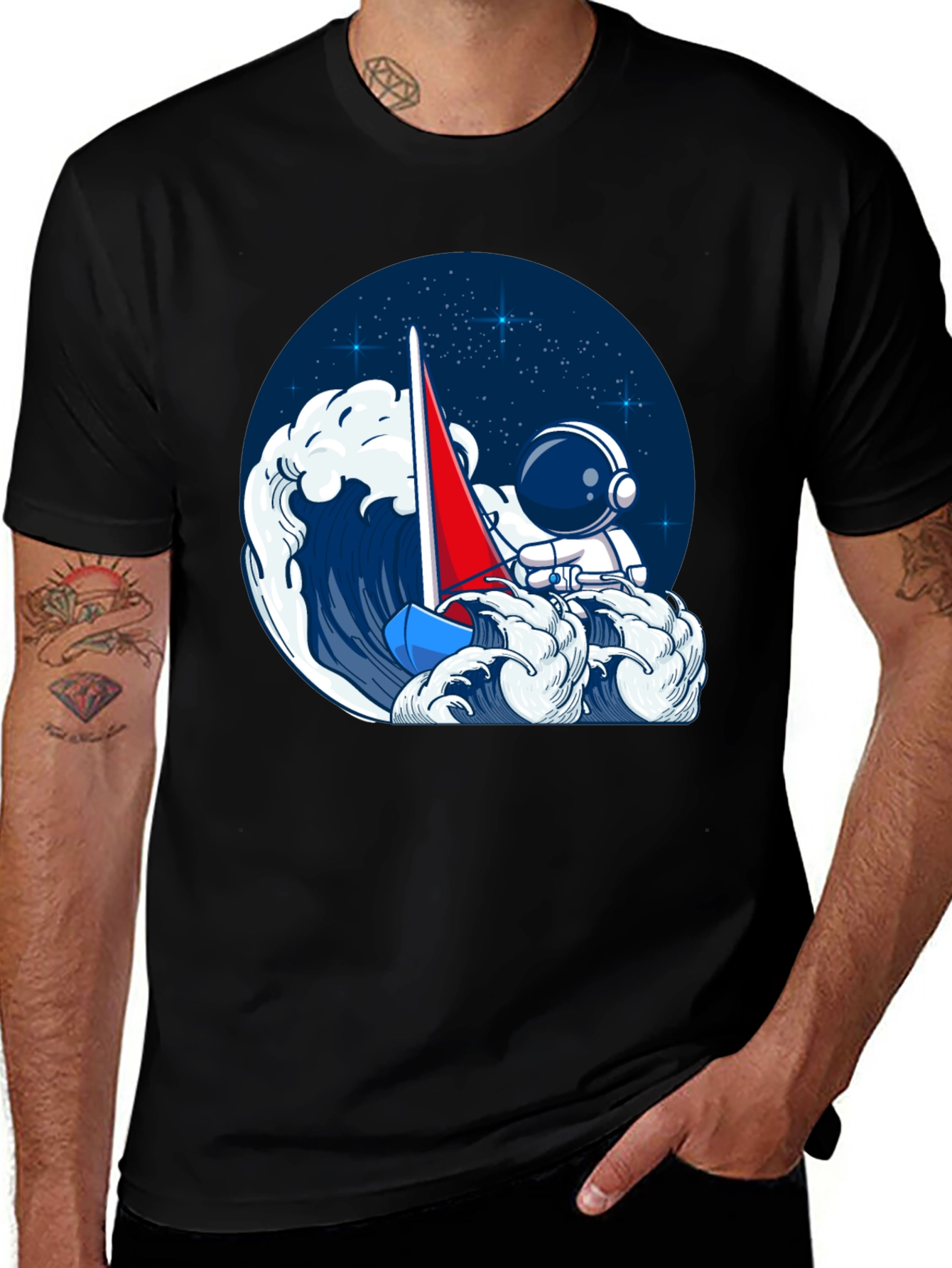 Variant 14 of Astronaut Sailing T-Shirt - Black, Unique Graphic Tee