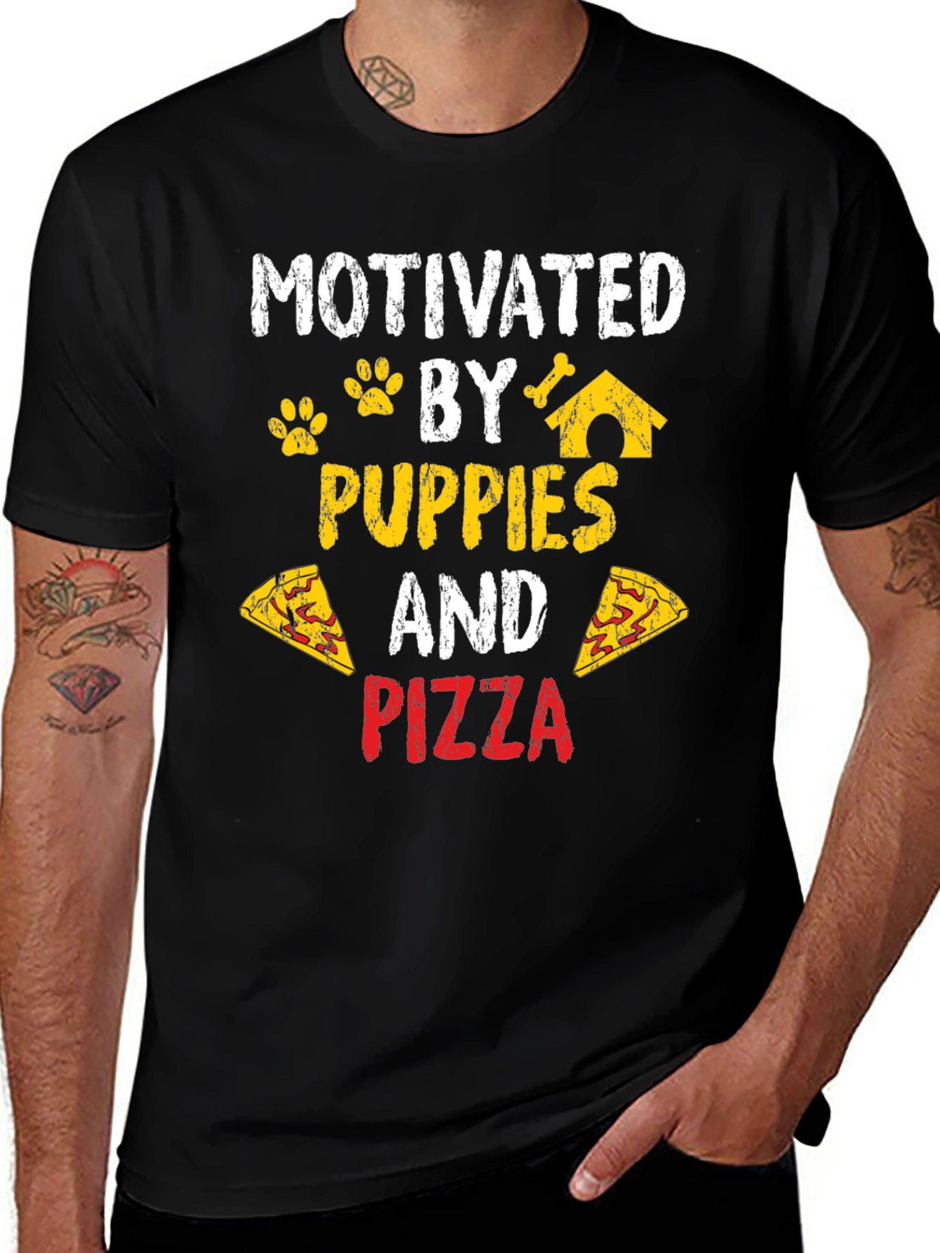 Motivated by Puppies and Pizza Black T-Shirt
