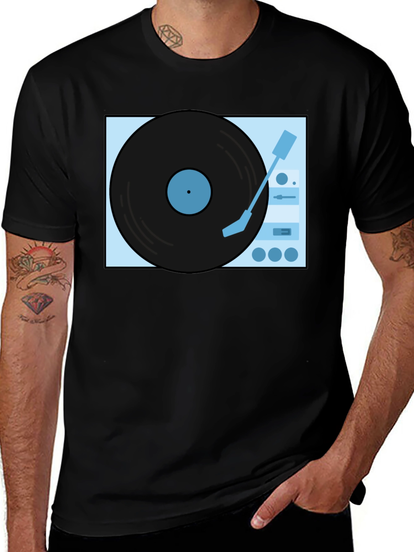 Variant 10 of Retro Turntable Graphic Tee - Black Cotton Casual Shirt