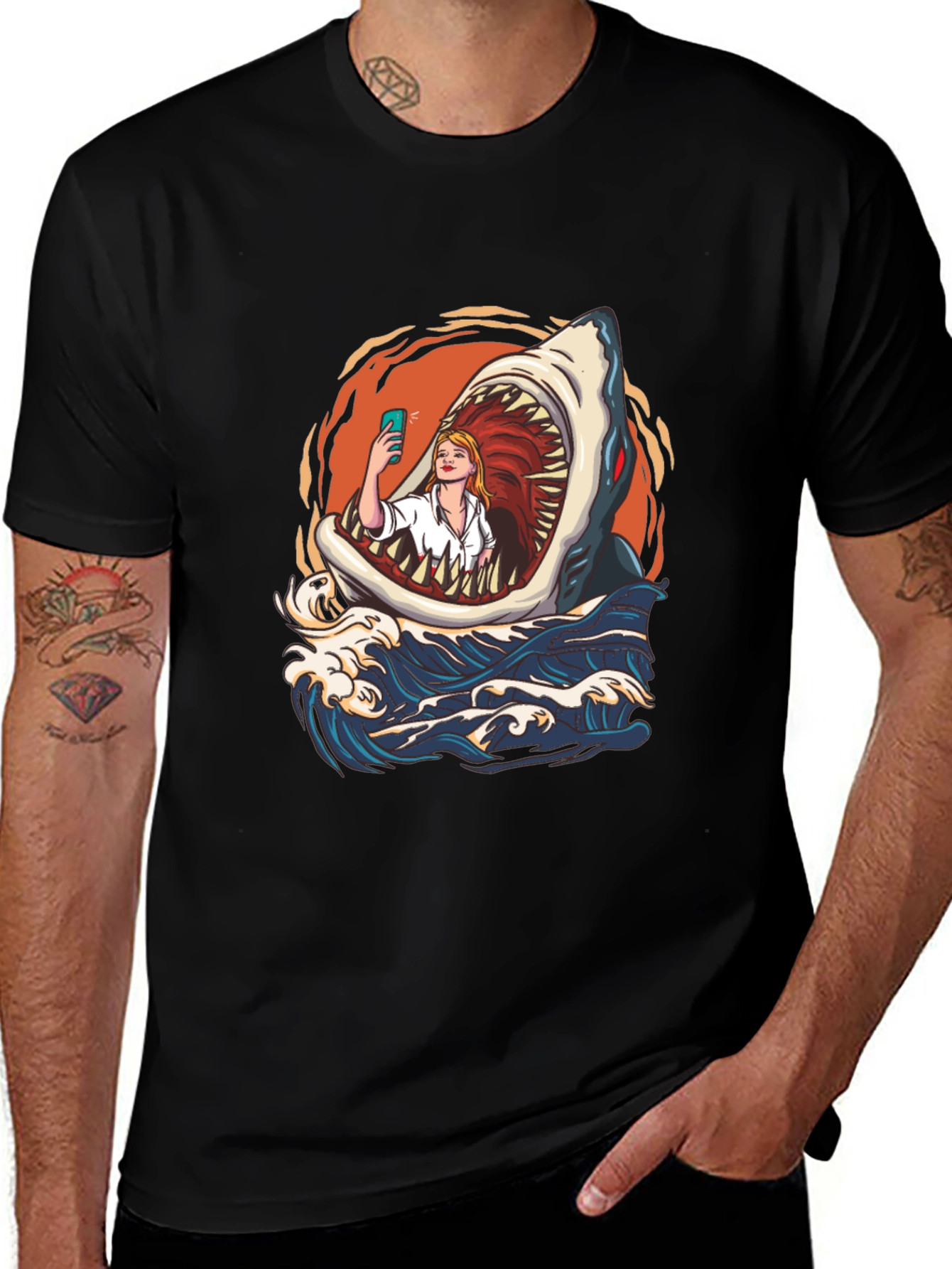 Variant 22 of Shark Selfie Graphic Tee - Funny Ocean Print