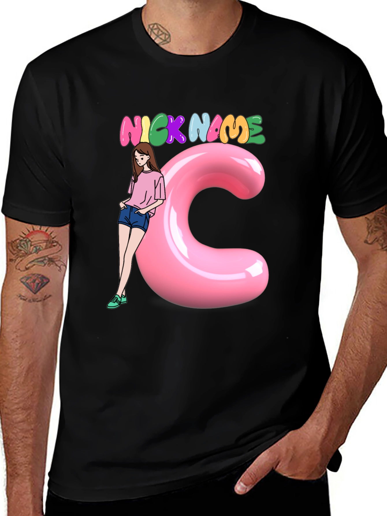 Variant 11 of Black Graphic Tee: Nick Name Girl & C
