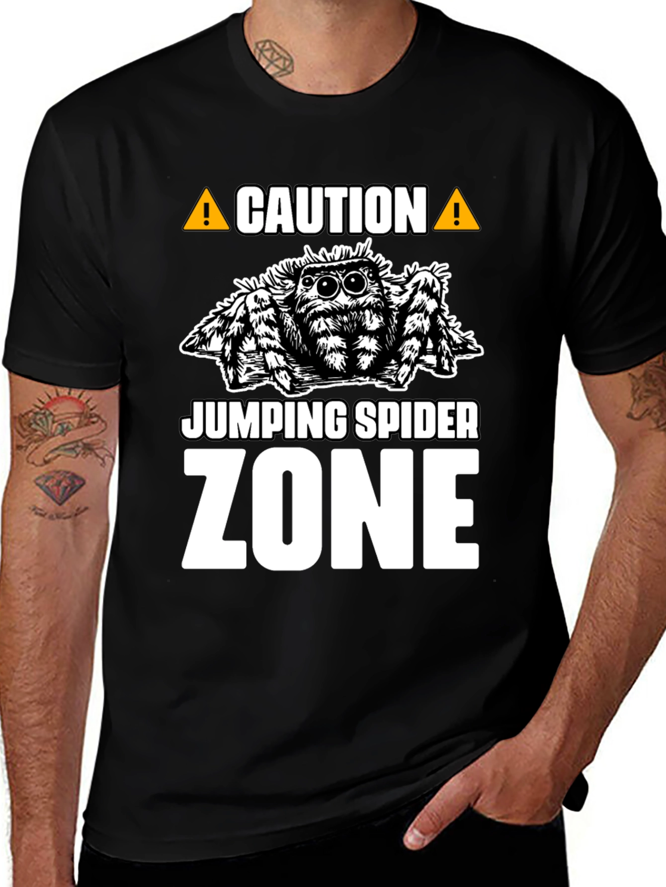 Variant 18 of Caution Jumping Spider Zone Black T-Shirt