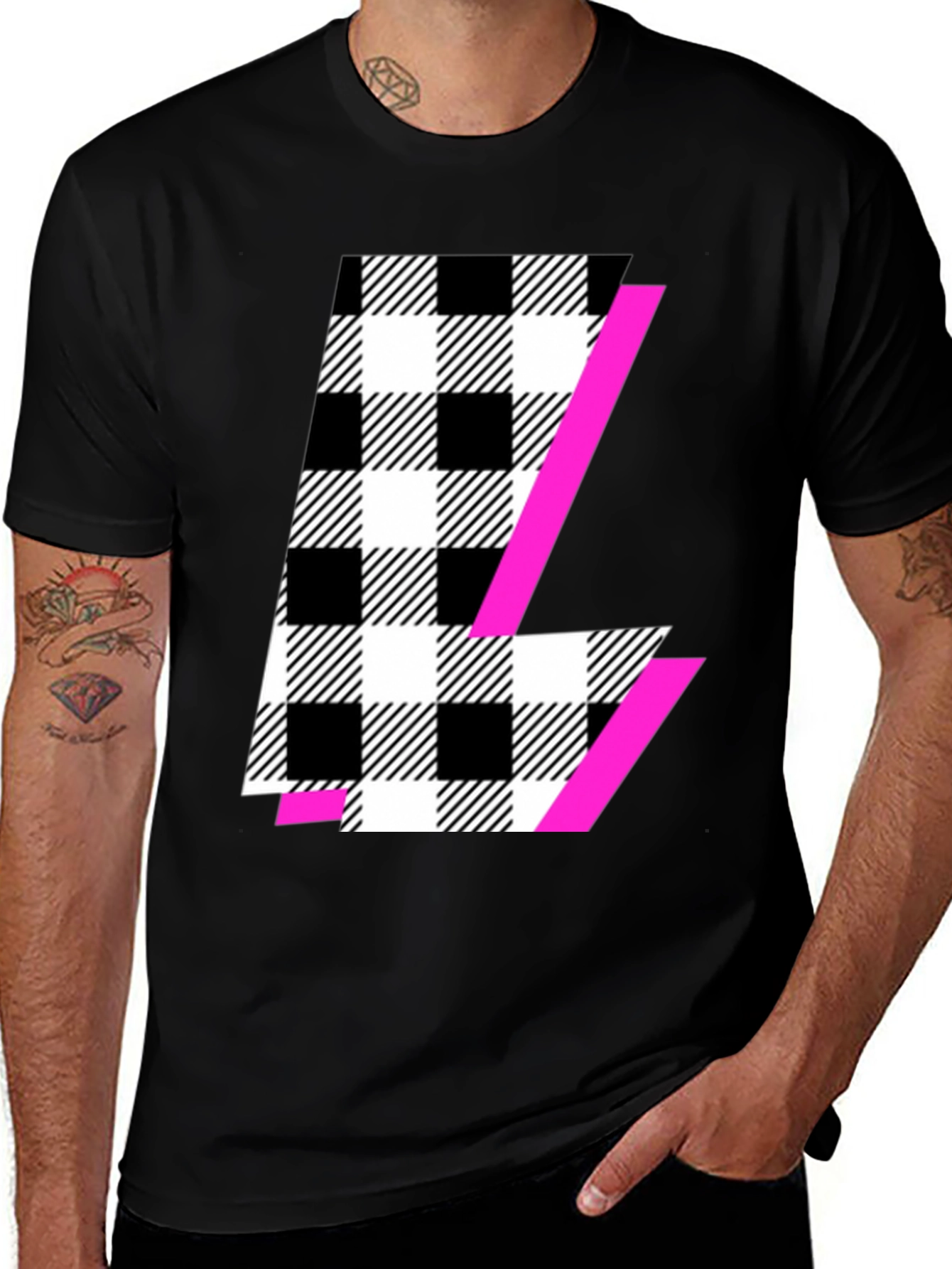 Variant 12 of Black Graphic Tee with Plaid & Pink Accent