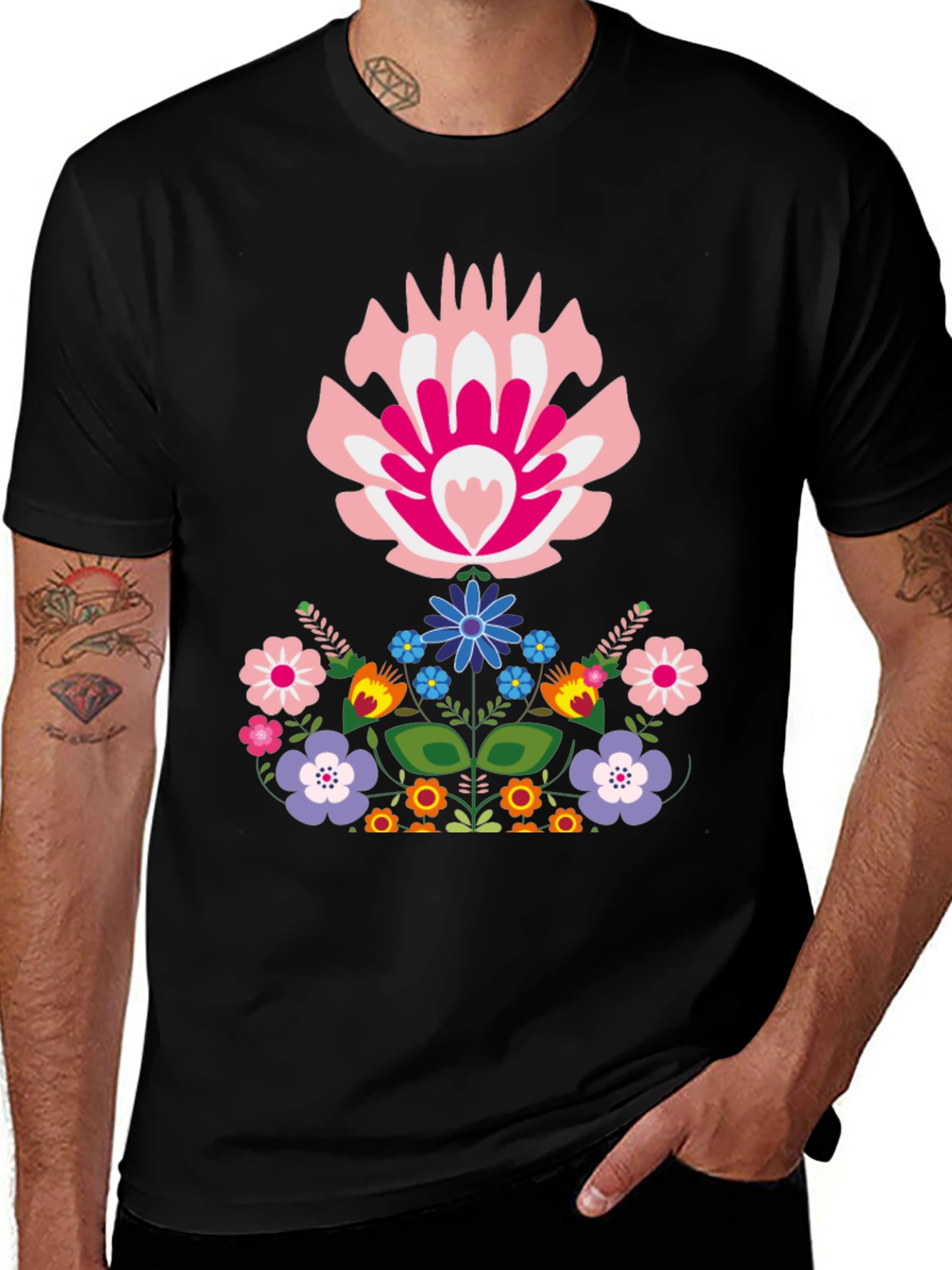 Variant 16 of Floral Folk Art Graphic Tee - Black
