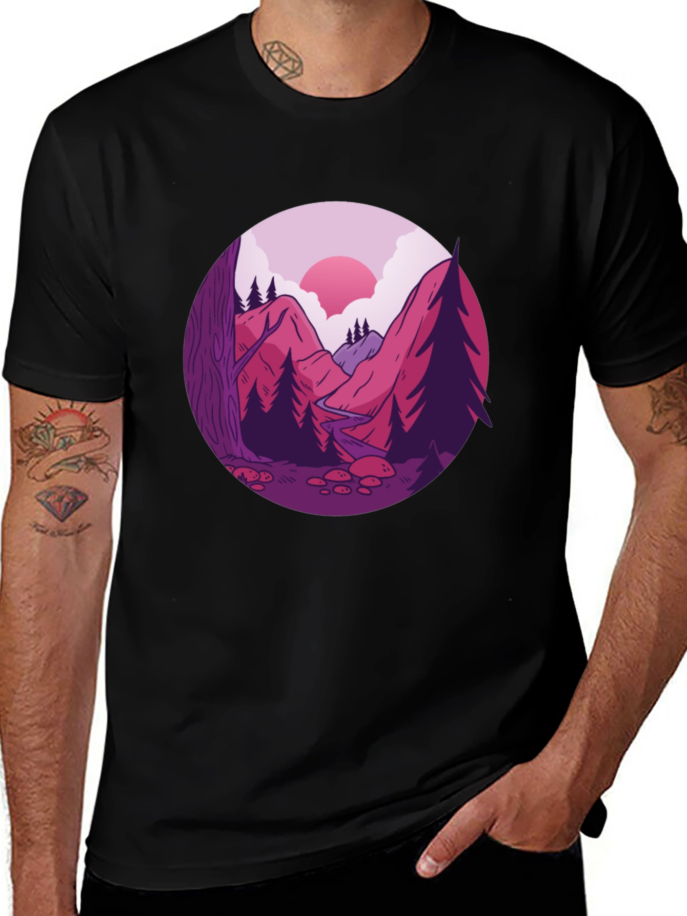 Variant 30 of Mountain Landscape Graphic Tee - Black Cotton Blend