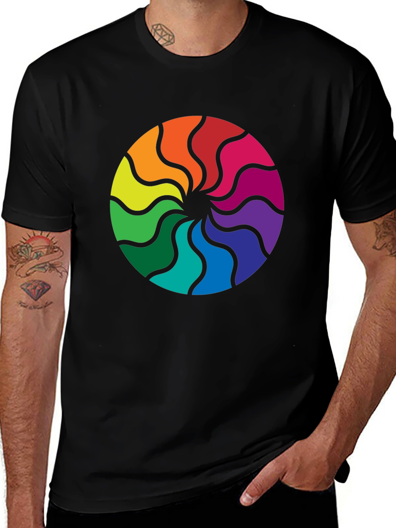 Variant 21 of Rainbow Swirl Graphic Tee - Stylish Men's Black T-Shirt