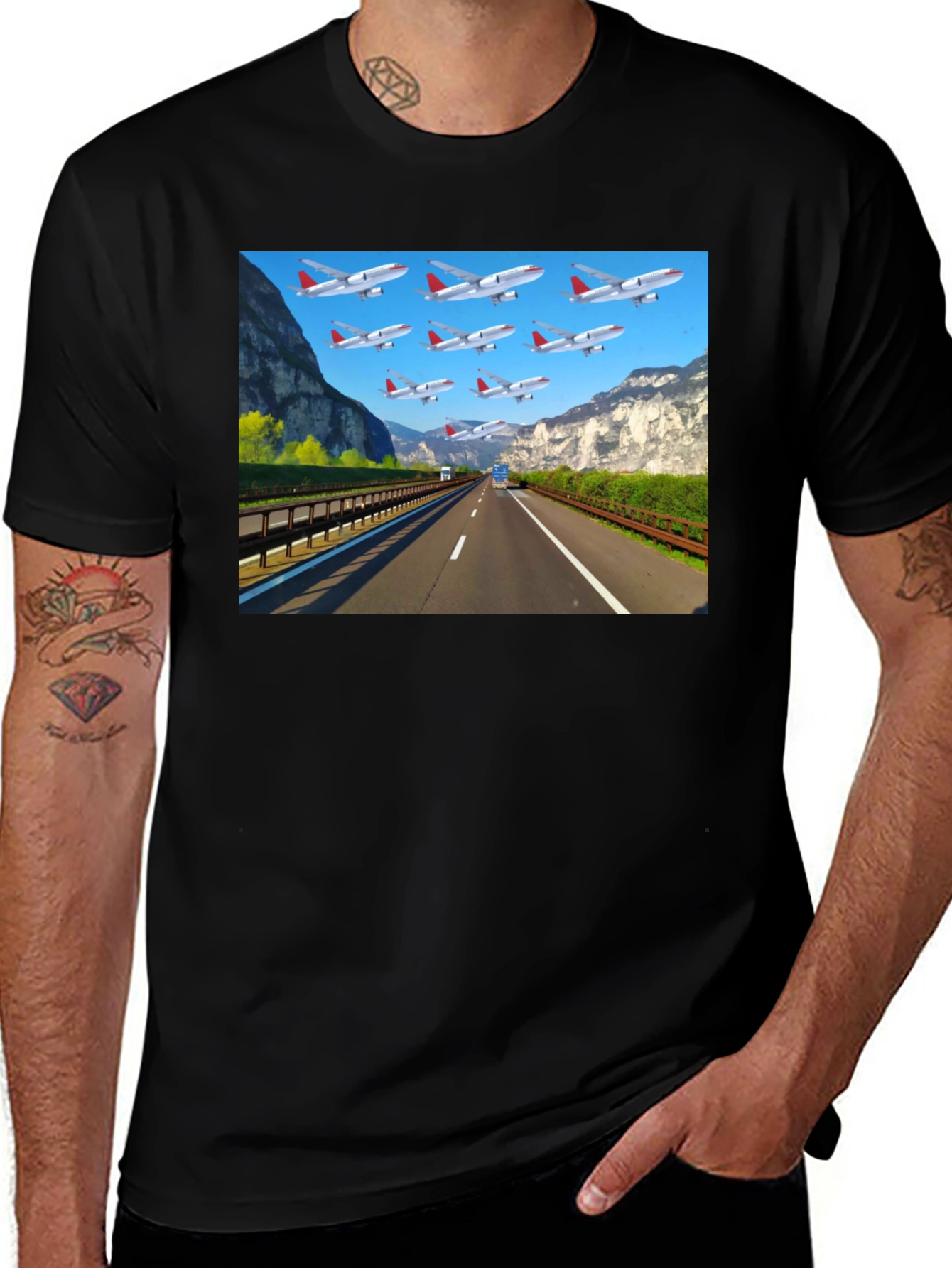 Variant 5 of Highway Airplane Patterned Black T-Shirt