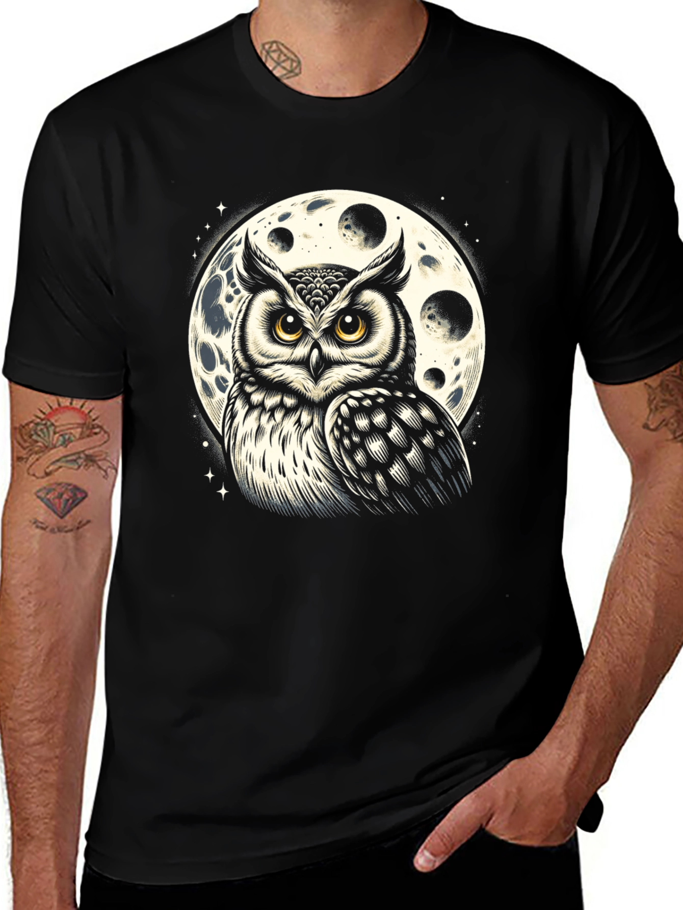 Variant 28 of Owl & Moon Graphic Tee - Black Cotton Blend