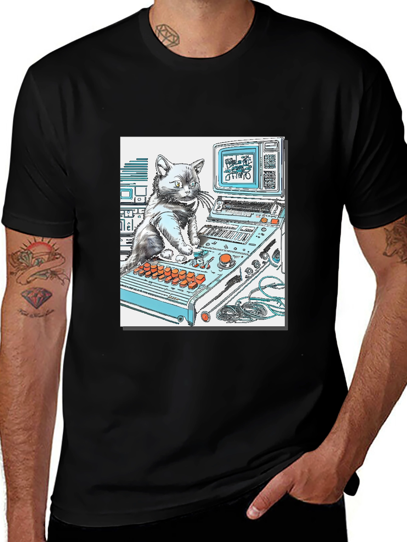 Variant 24 of DJ Cat Graphic T-Shirt - Cool Black Tee