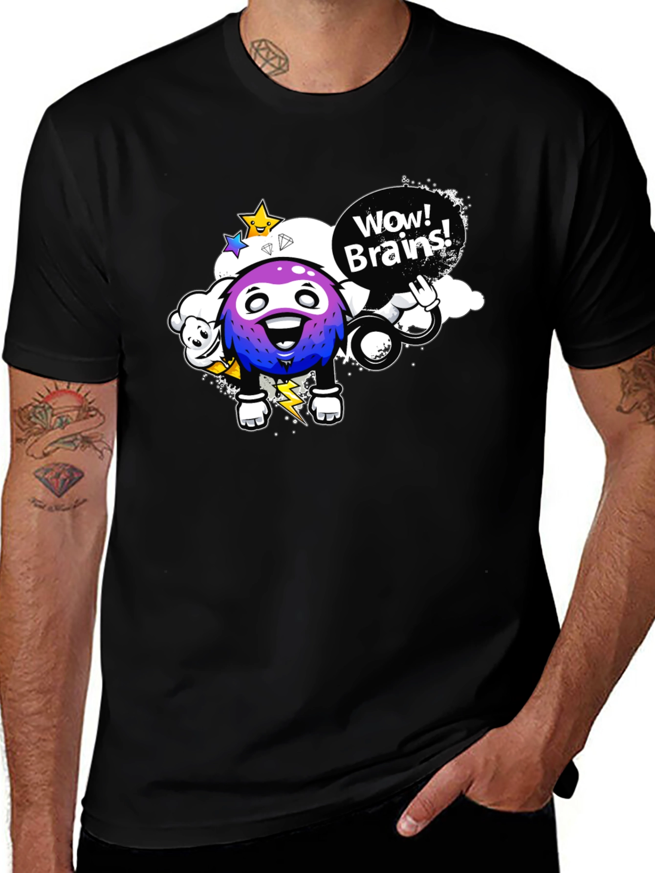Variant 13 of Wow Brains Cartoon Graphic Black T-Shirt