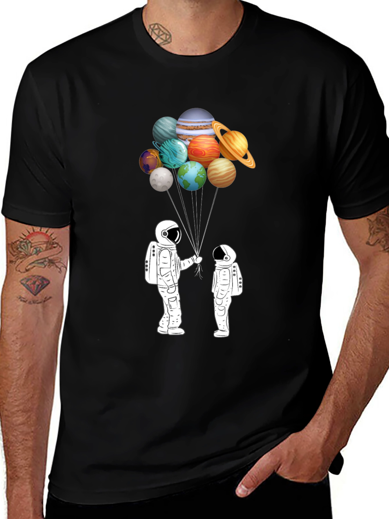 Astronaut Planet Balloons Graphic Tee - Black