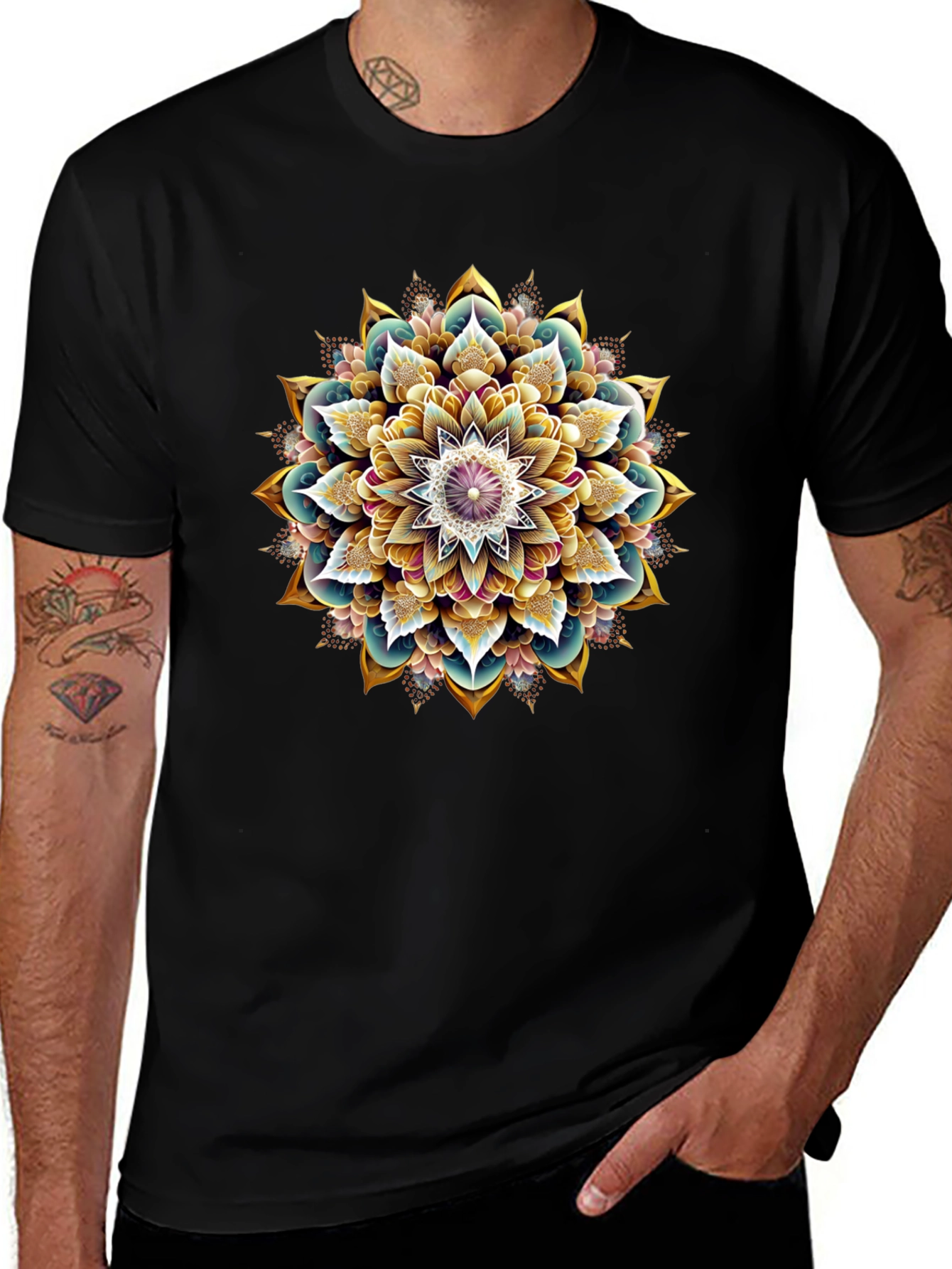 Variant 18 of Mandala T-Shirt: Intricate Floral Design on Black Tee