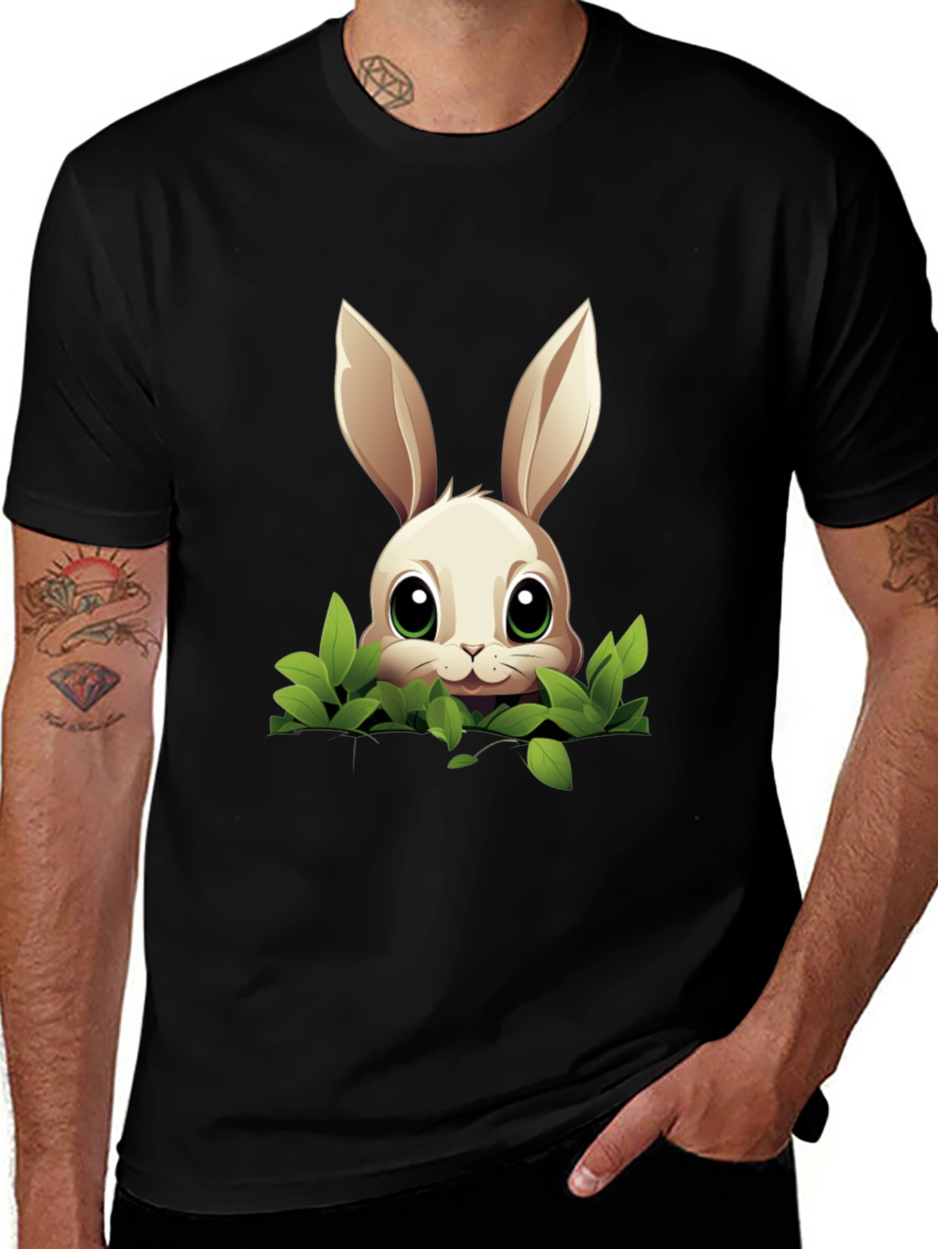 Bunny in Bushes Black T-Shirt