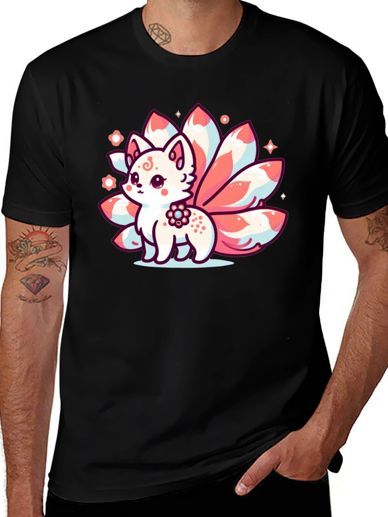 Variant 11 of Kawaii Nine-Tailed Fox Graphic Tee - Black T-Shirt