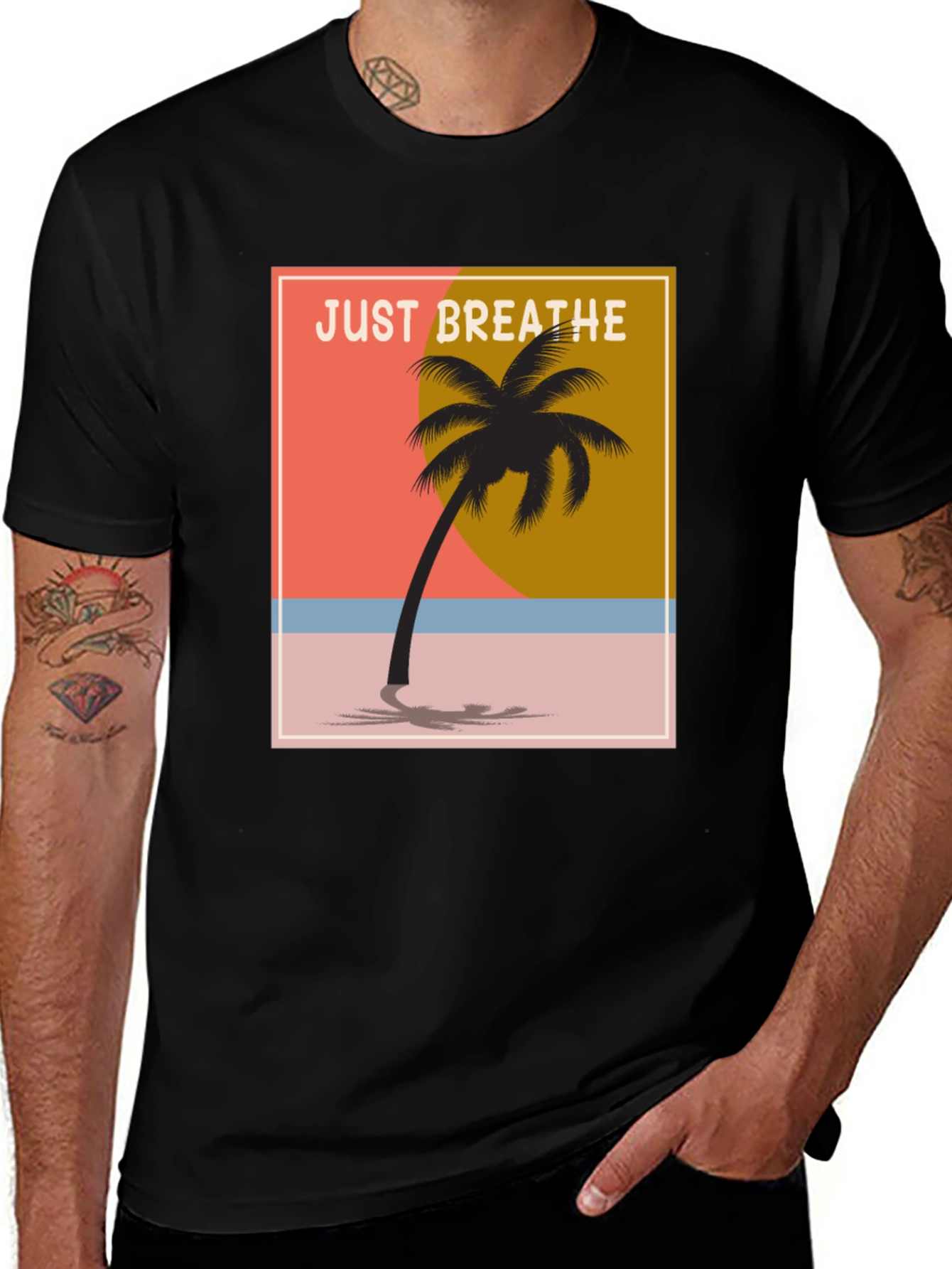 Variant 10 of Just Breathe Palm Tree Graphic Tee - Black