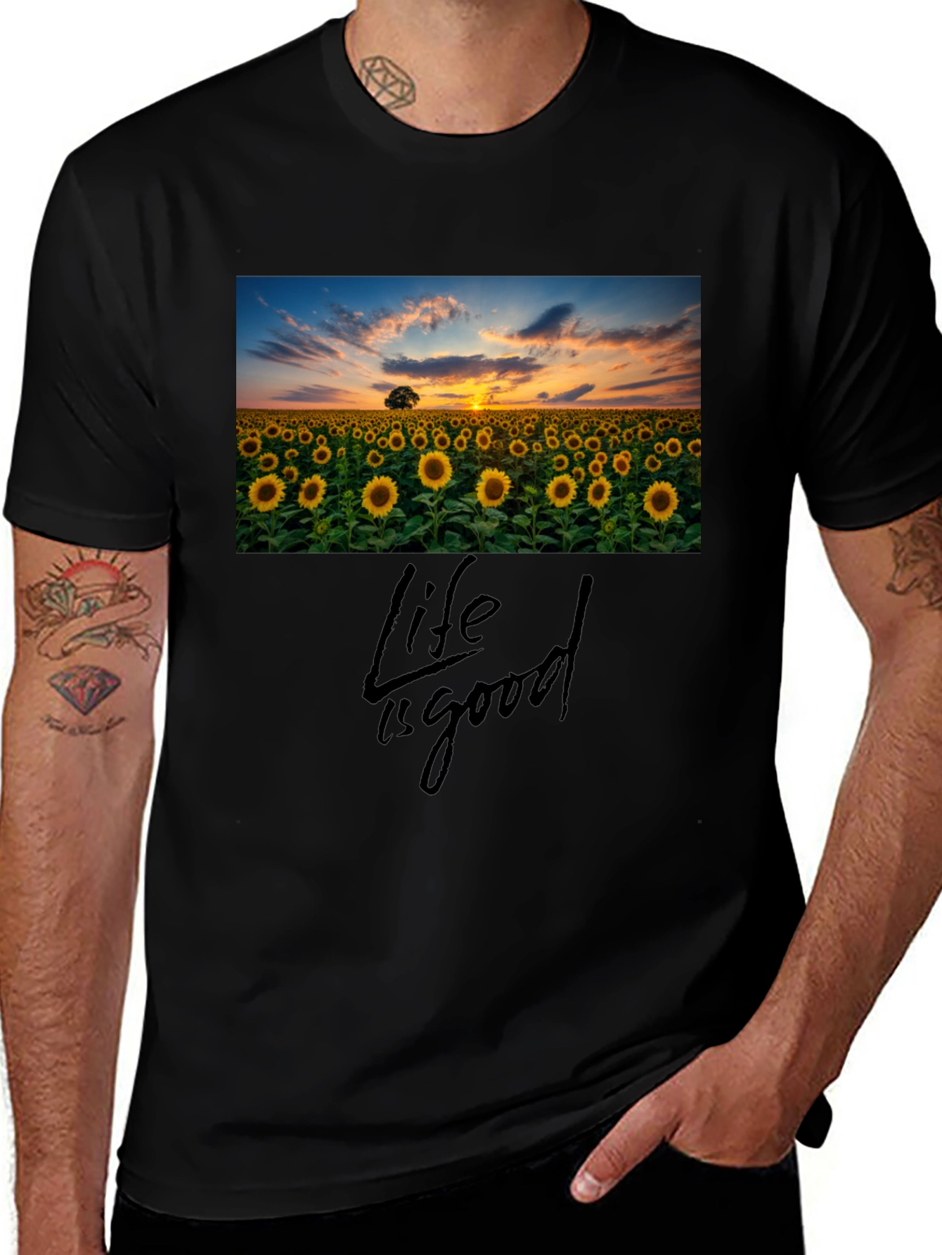 Variant 25 of Sunflower Field 'Life is Good' Black T-Shirt