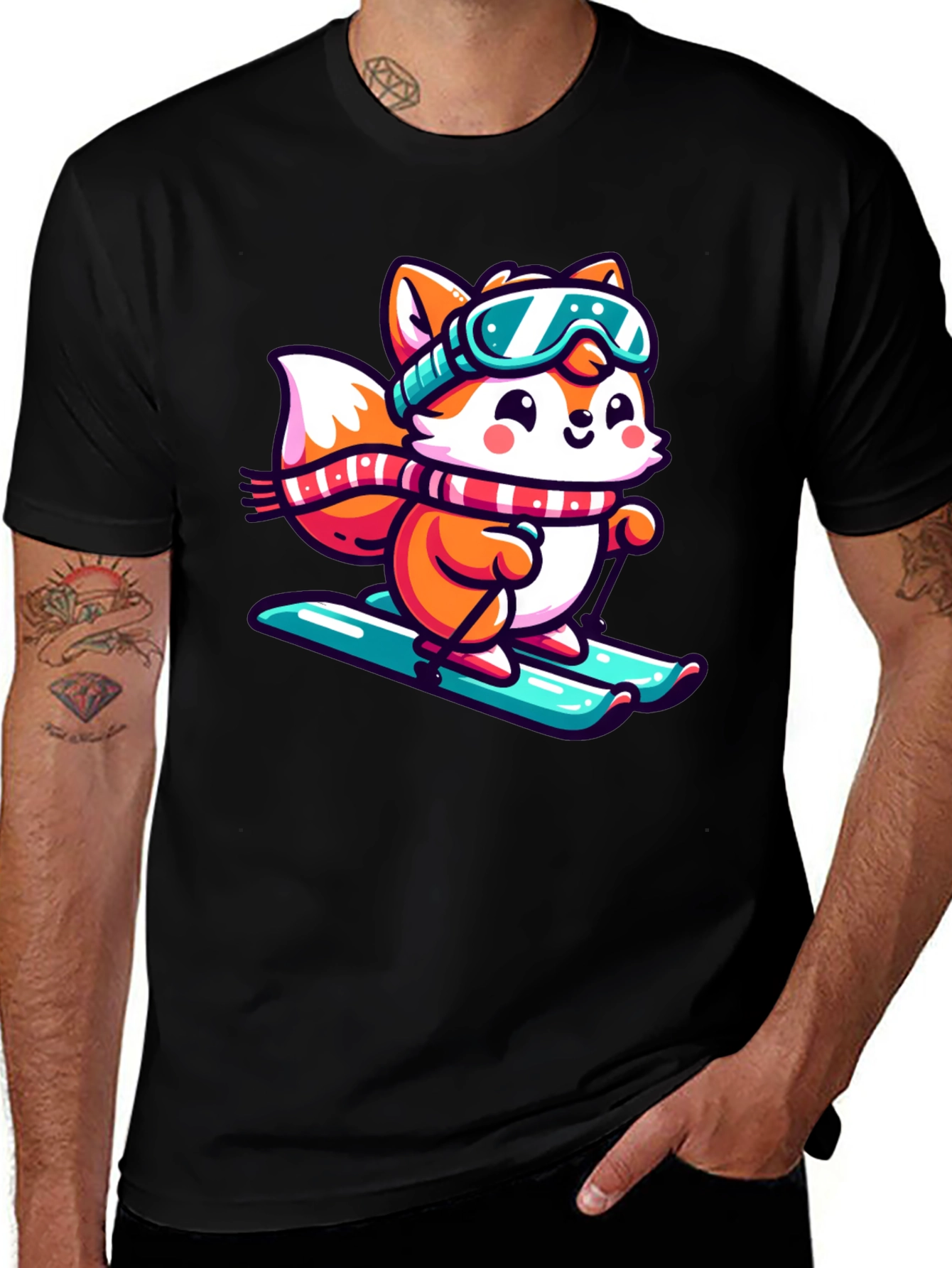 Variant 9 of Skiing Fox Graphic T-Shirt - Cute Cartoon Style