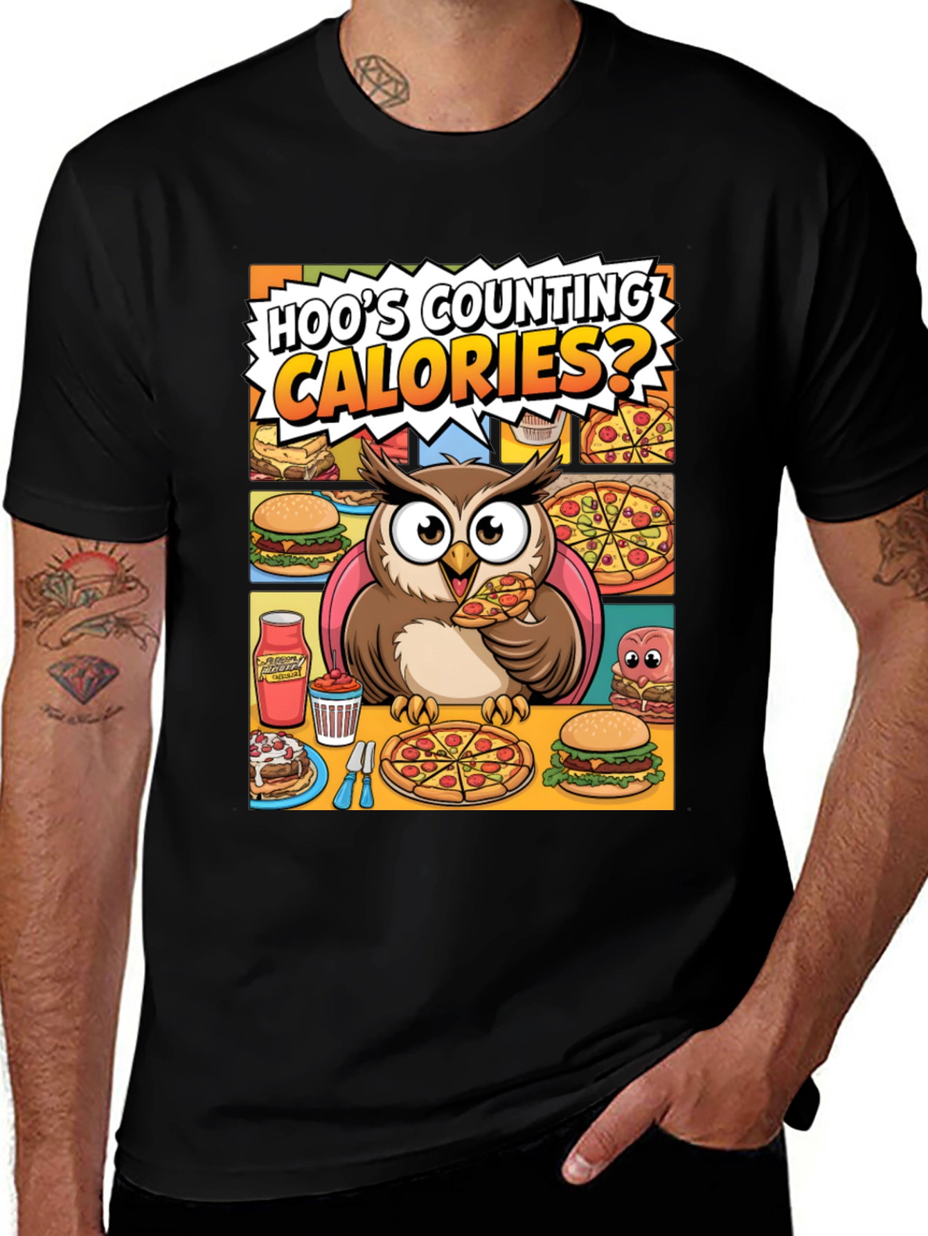 Variant 23 of Hoo's Counting Calories T-Shirt - Funny Owl Pizza Lover Tee