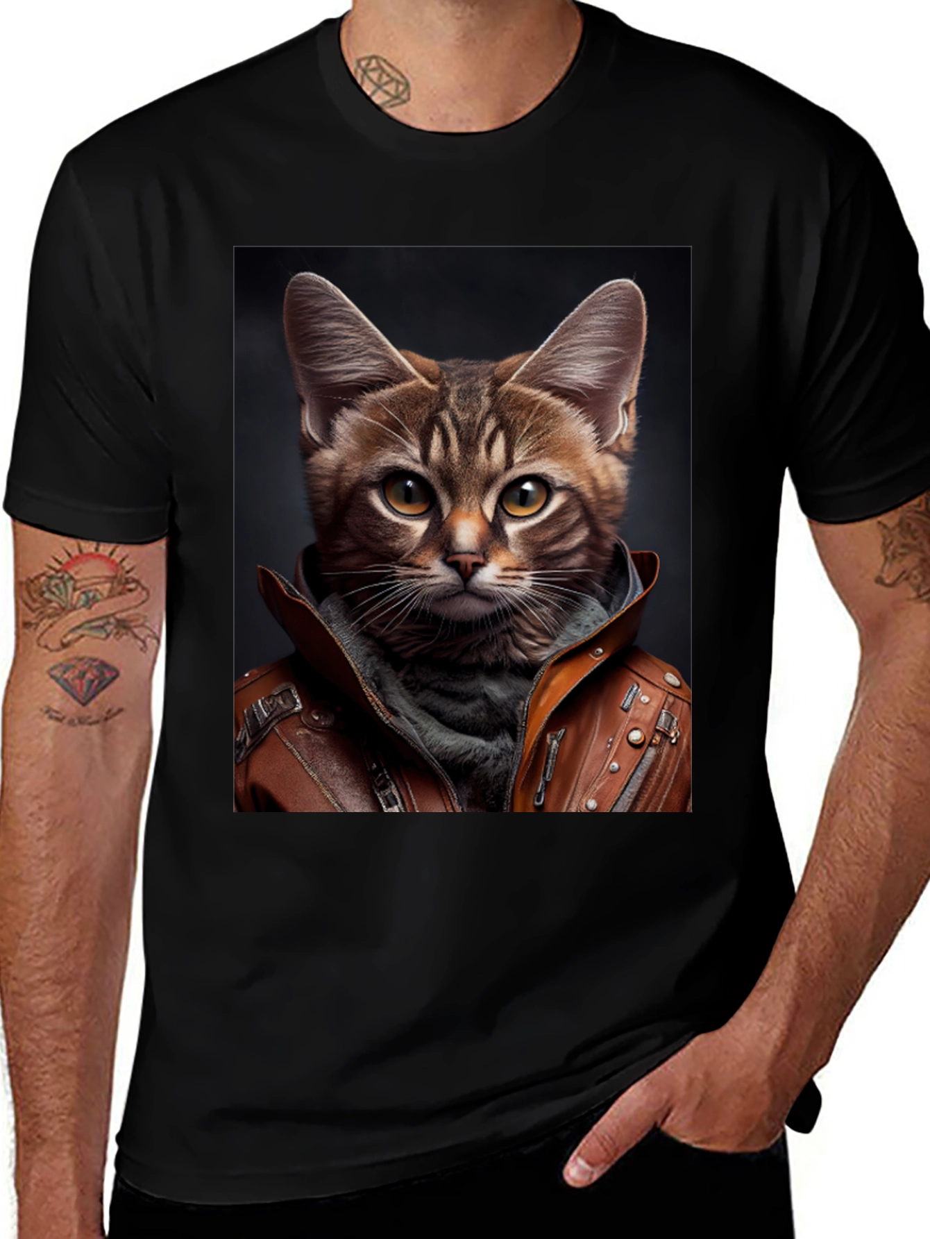 Cool Cat Leather Jacket T-Shirt - Trendy Animal Graphic Tee