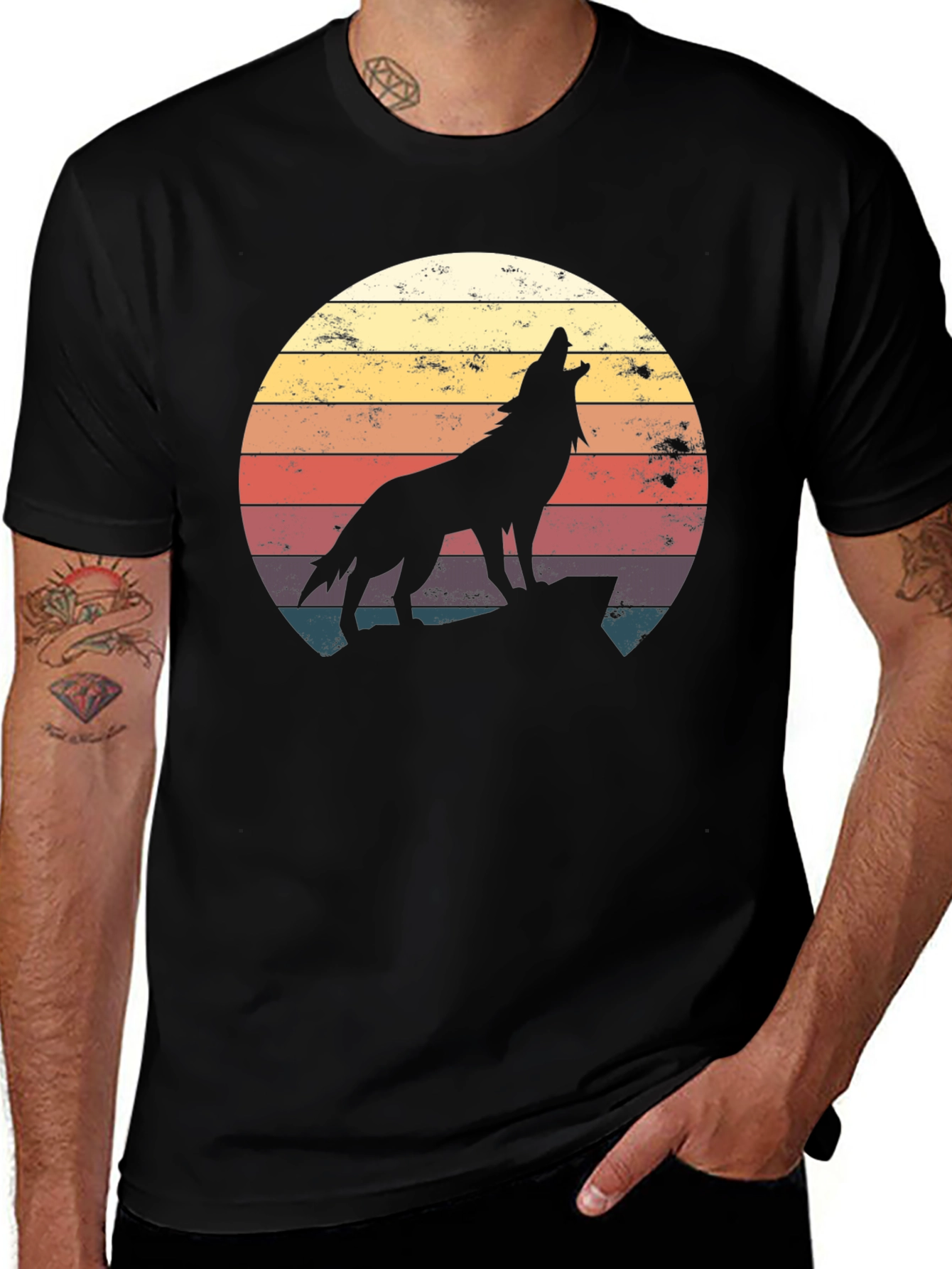 Black Retro Wolf Silhouette T-Shirt - Vintage Style main image