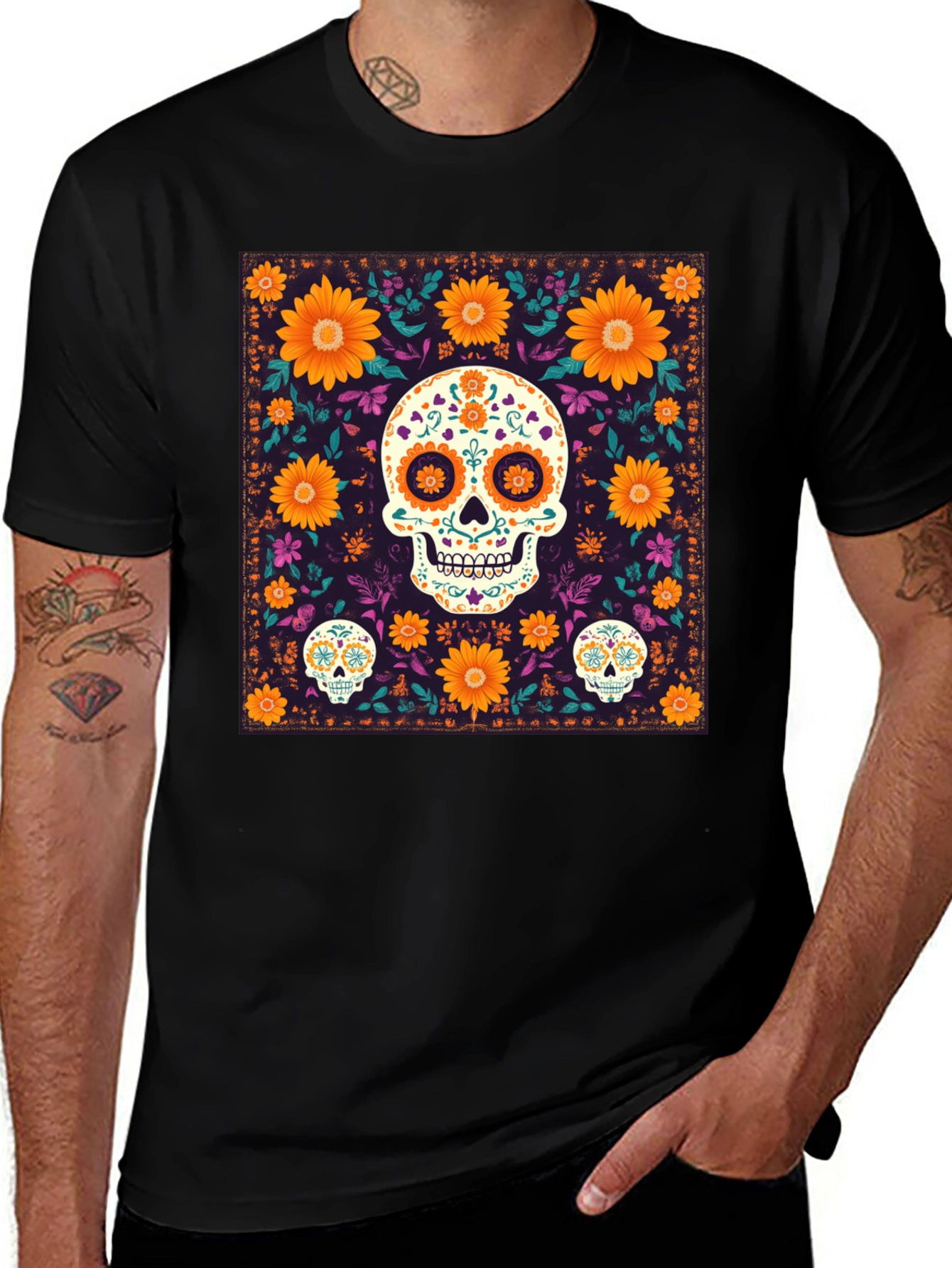 Variant 9 of Sugar Skull Floral Graphic Tee - Day of the Dead Design