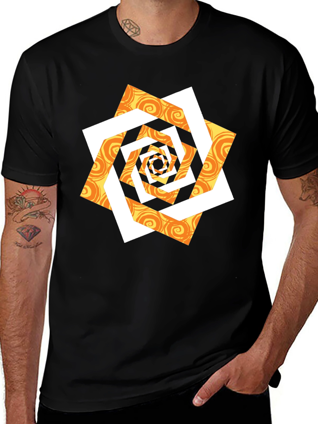 Abstract Geometric Swirl Graphic T-Shirt - Black