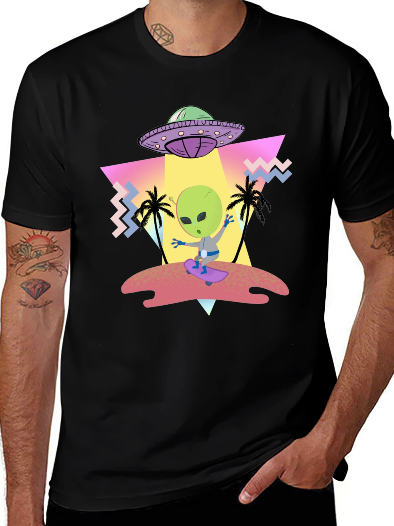 Variant 28 of Retro Alien Skateboard Black T-Shirt