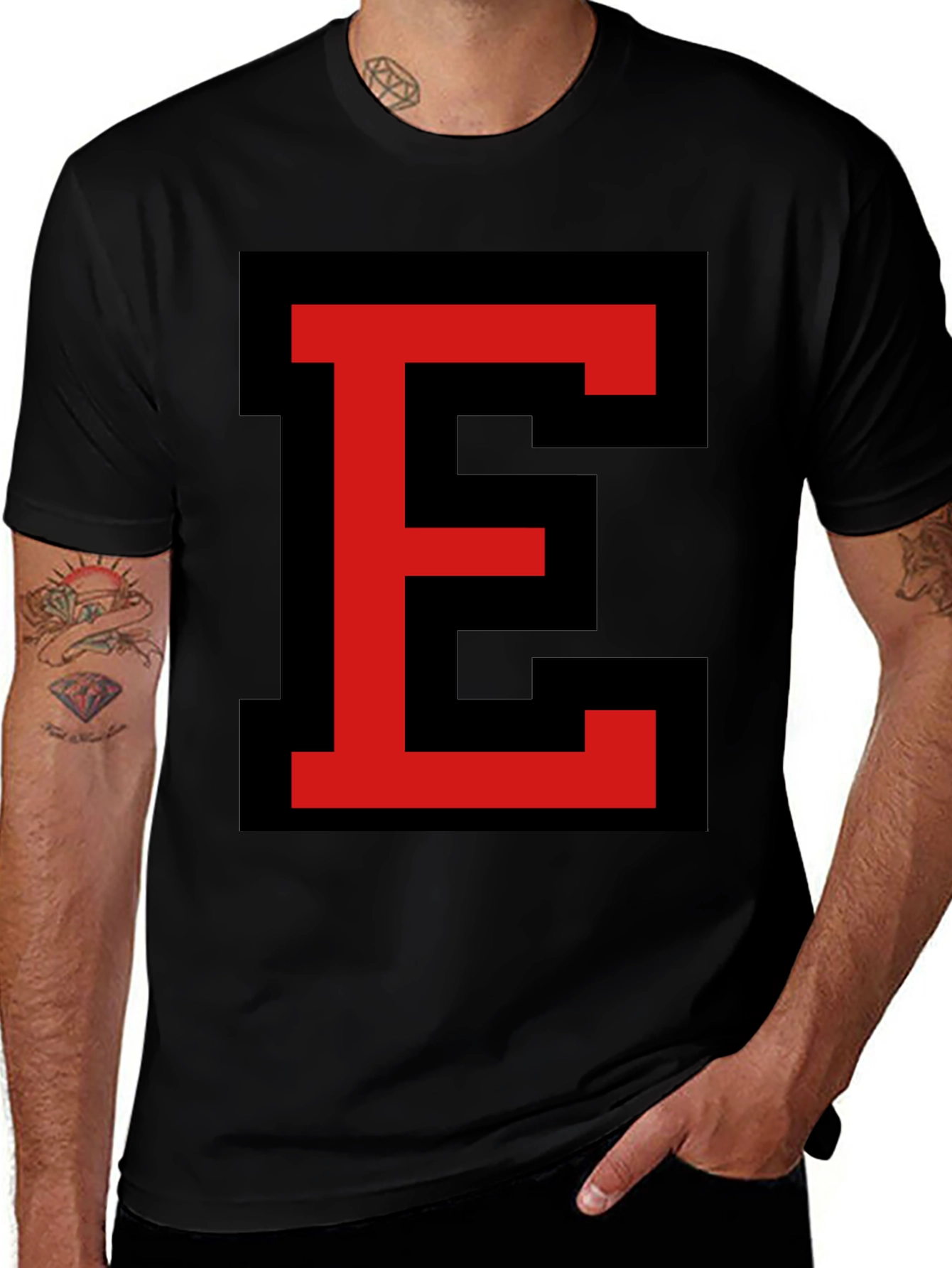 Variant 21 of Bold Red "E" Graphic Black T-Shirt