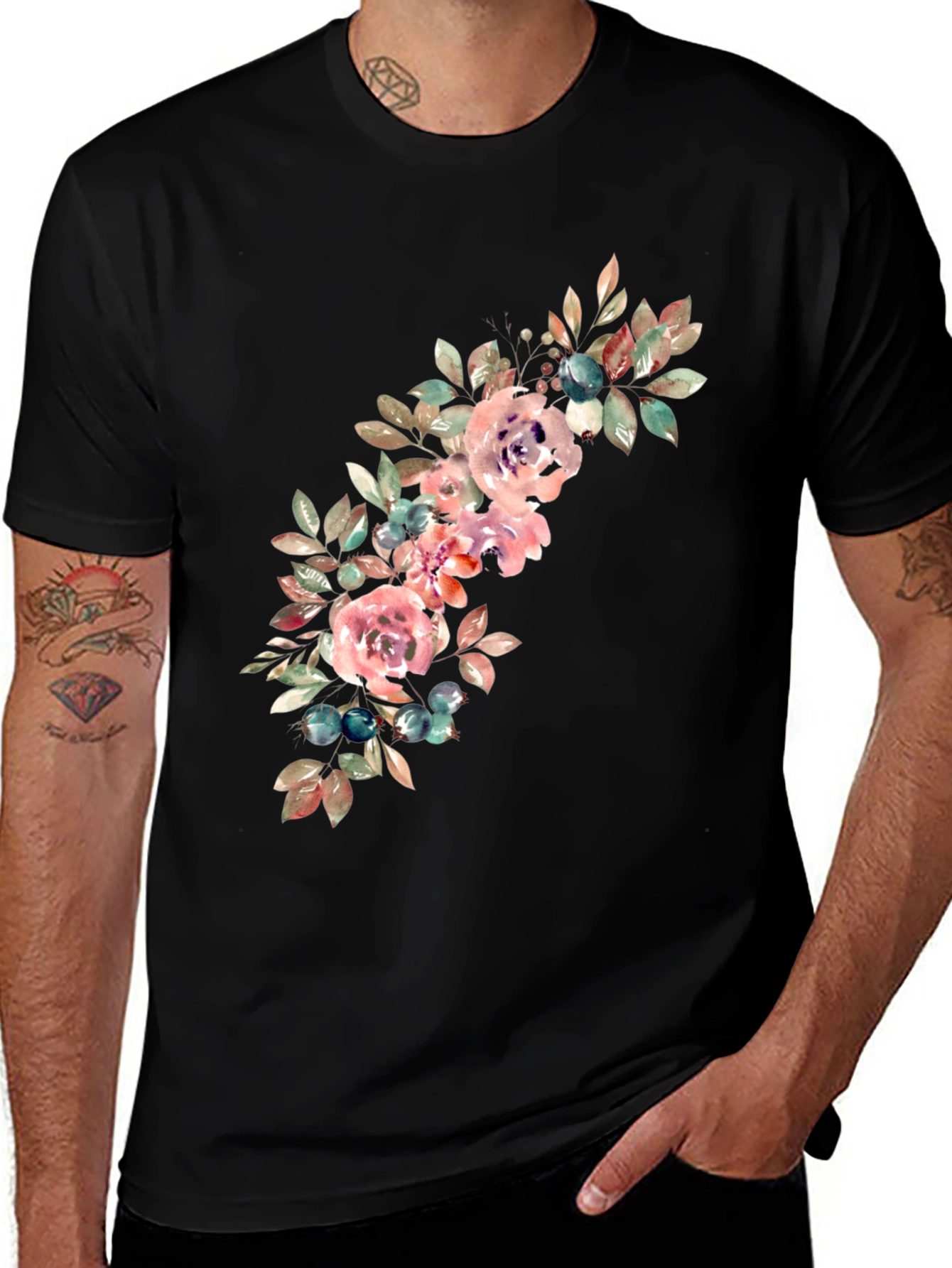 Variant 10 of Floral Watercolor Graphic Black T-Shirt