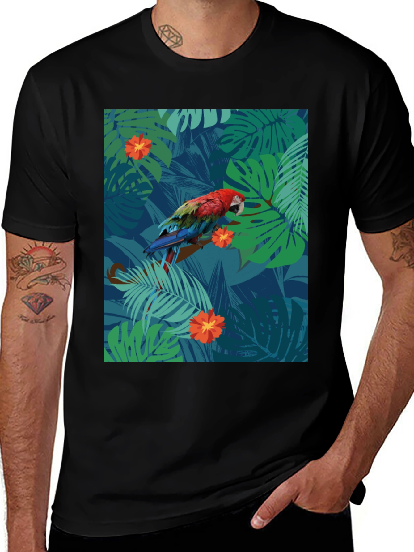 Variant 5 of Tropical Parrot Graphic Black T-Shirt