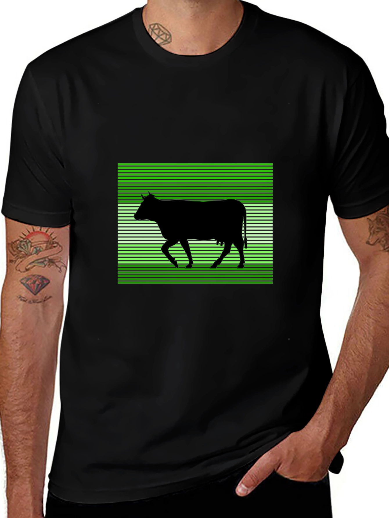 Variant 21 of Cow Silhouette T-Shirt: Green Stripe Pattern
