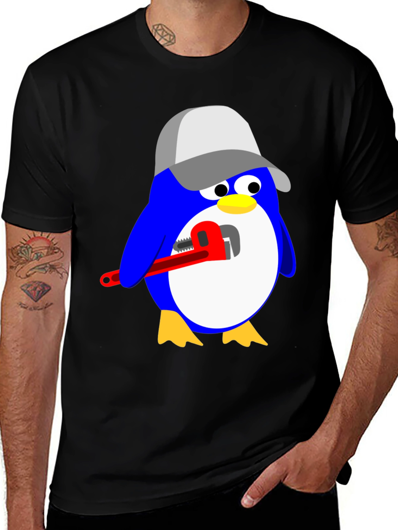 Variant 26 of Plumber Penguin Graphic Tee - Black Cotton Shirt